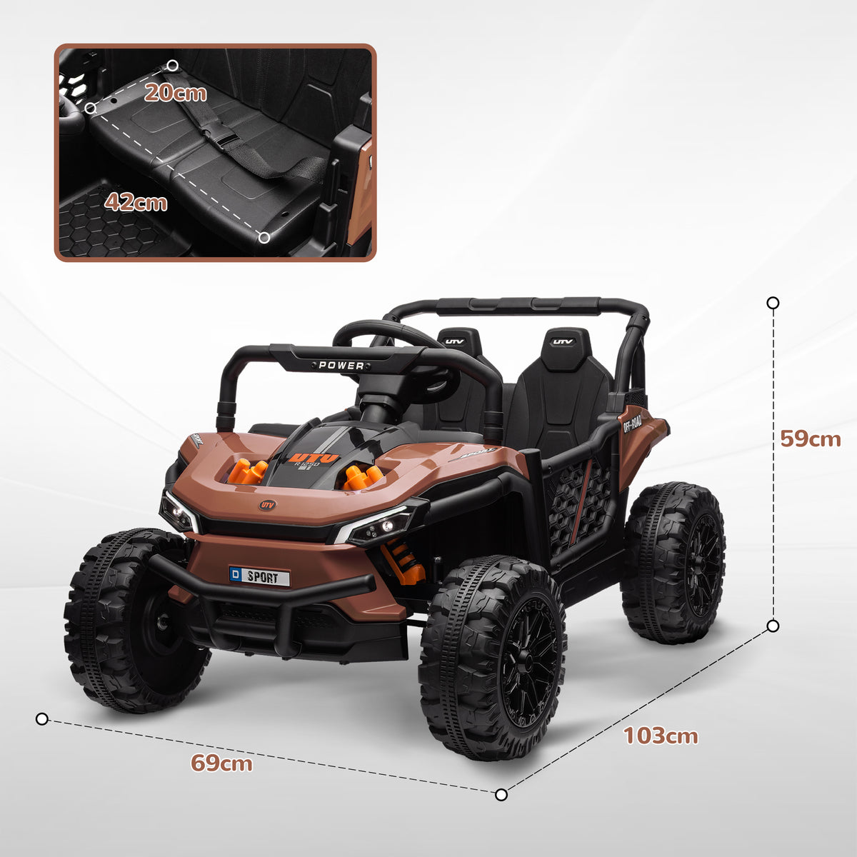 AIYAPLAY Kids Electric Ride-On UTV 12V with Belt, Remote Control, Suspension, USB, 3-6 km/h, 3-5 Years, Brown
