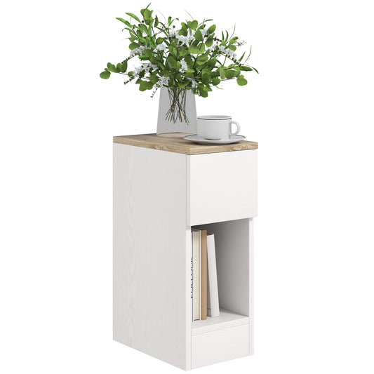 Modern Bedside / Side Table with Drawer and Wooden Shelf, 20x30x50 cm, White