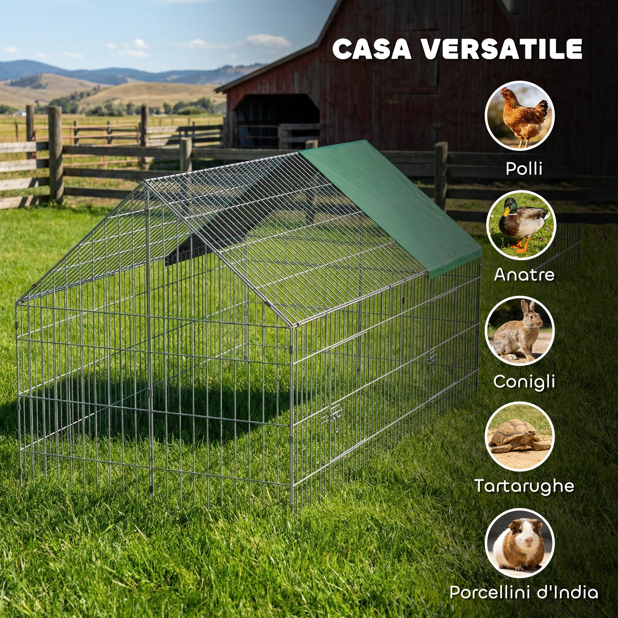 PawHut Outdoor and Indoor Rabbit and Chicken Cage with Sunshade and Metal Grille, for Small Animals, Ducks, Chickens, 180x75x75 cm, Green