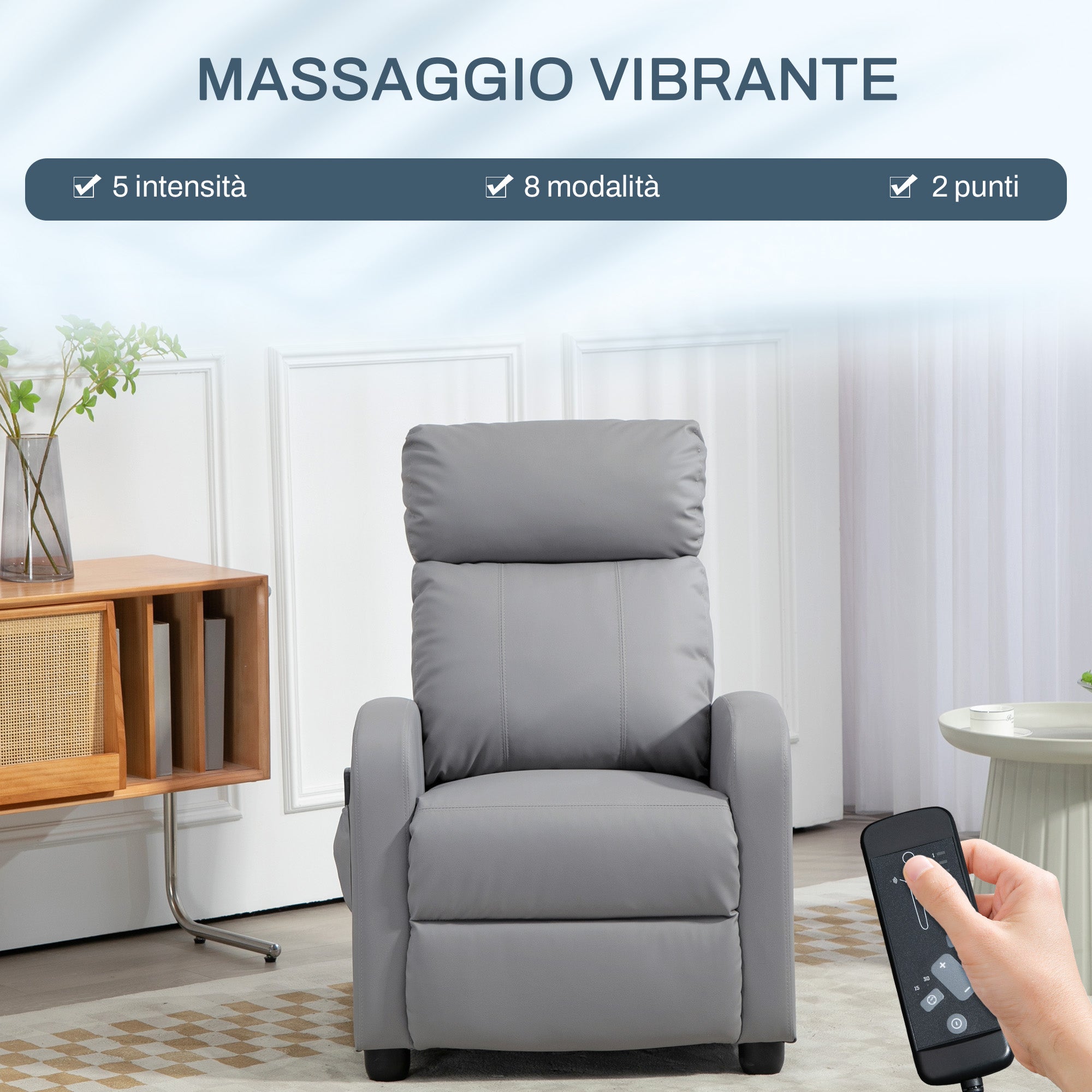 Massage Relax Chair with Remote Control and 8 Programs, Reclining and Footrest, Light Grey