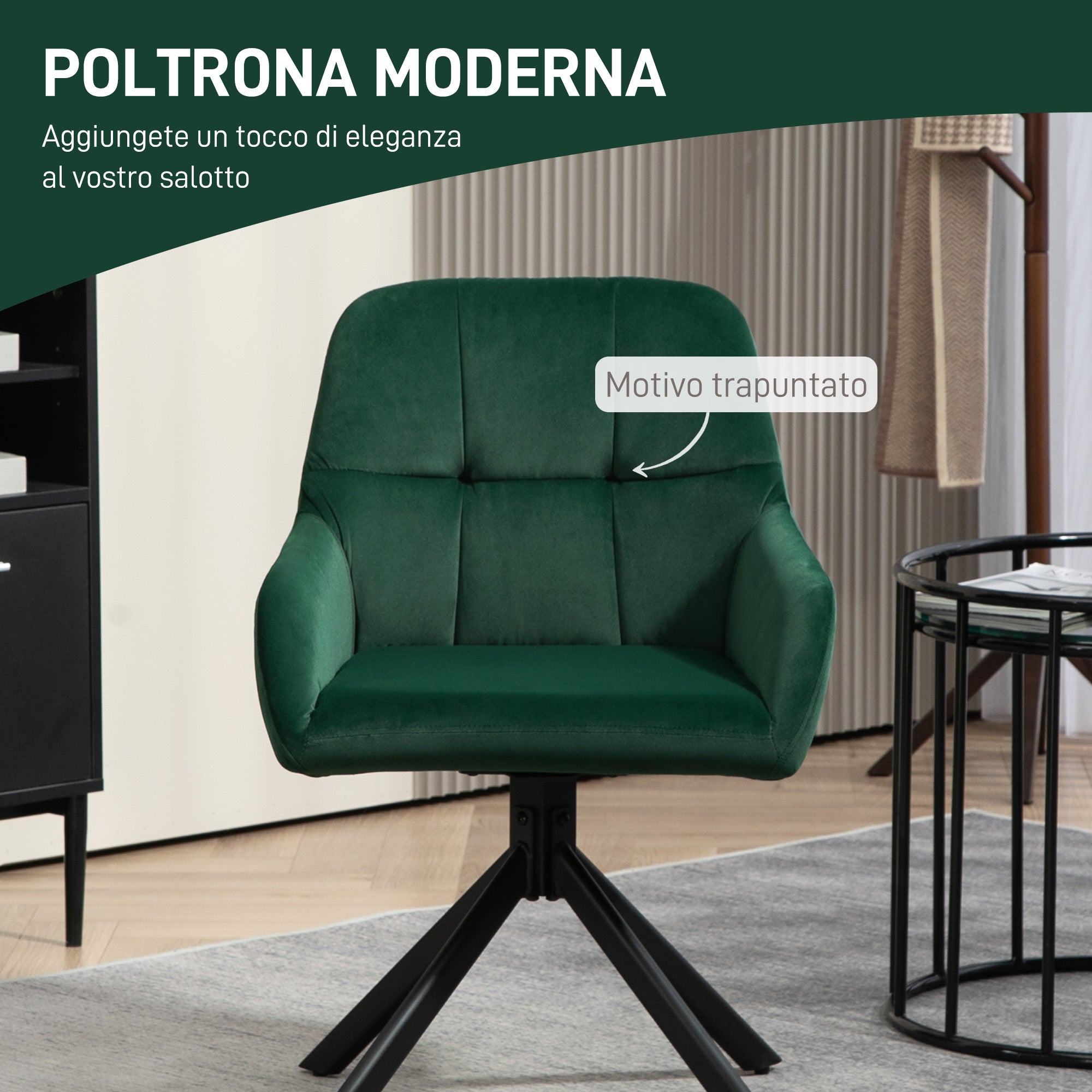 Modern Velvet Armchair with Swivel Seat, Steel Armrests and Legs, Green