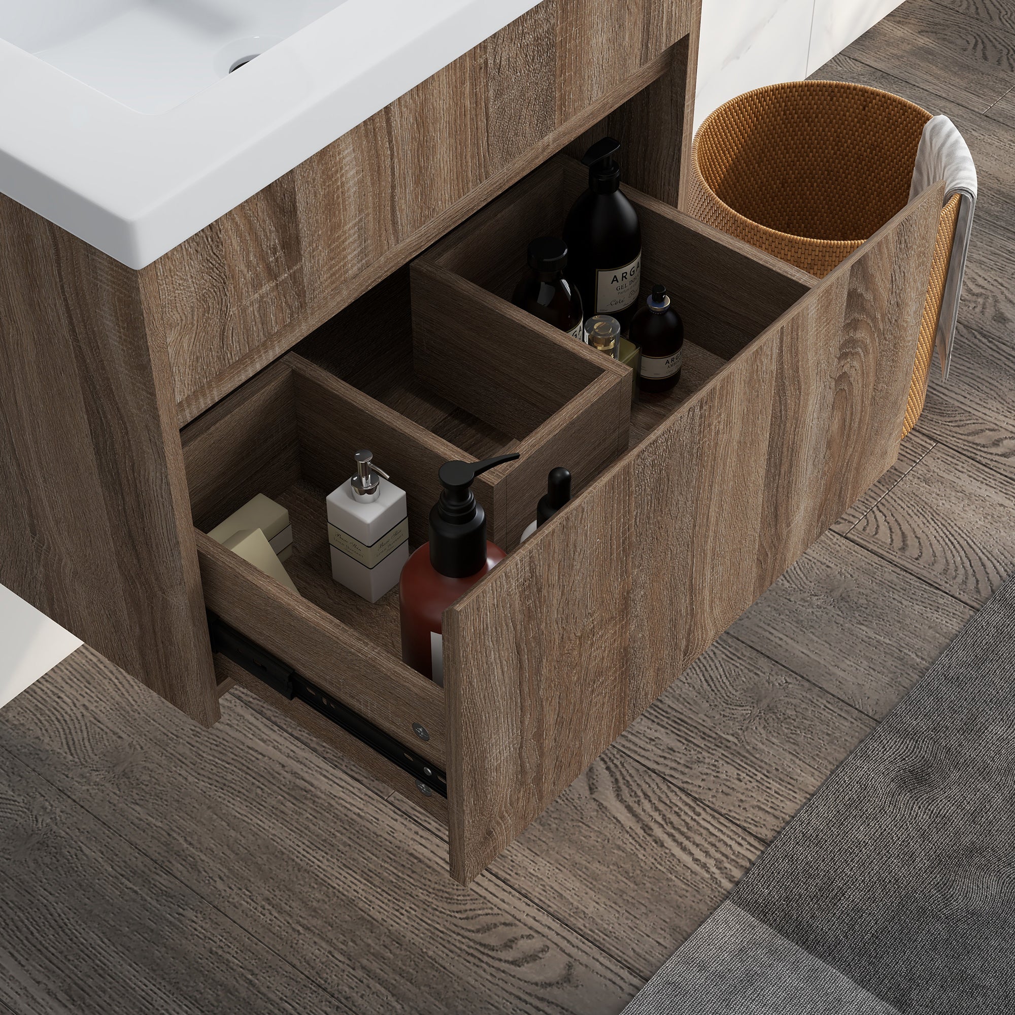 60cm Vanity Unit with Wooden Drawer and Ceramic Sink, Light Brown