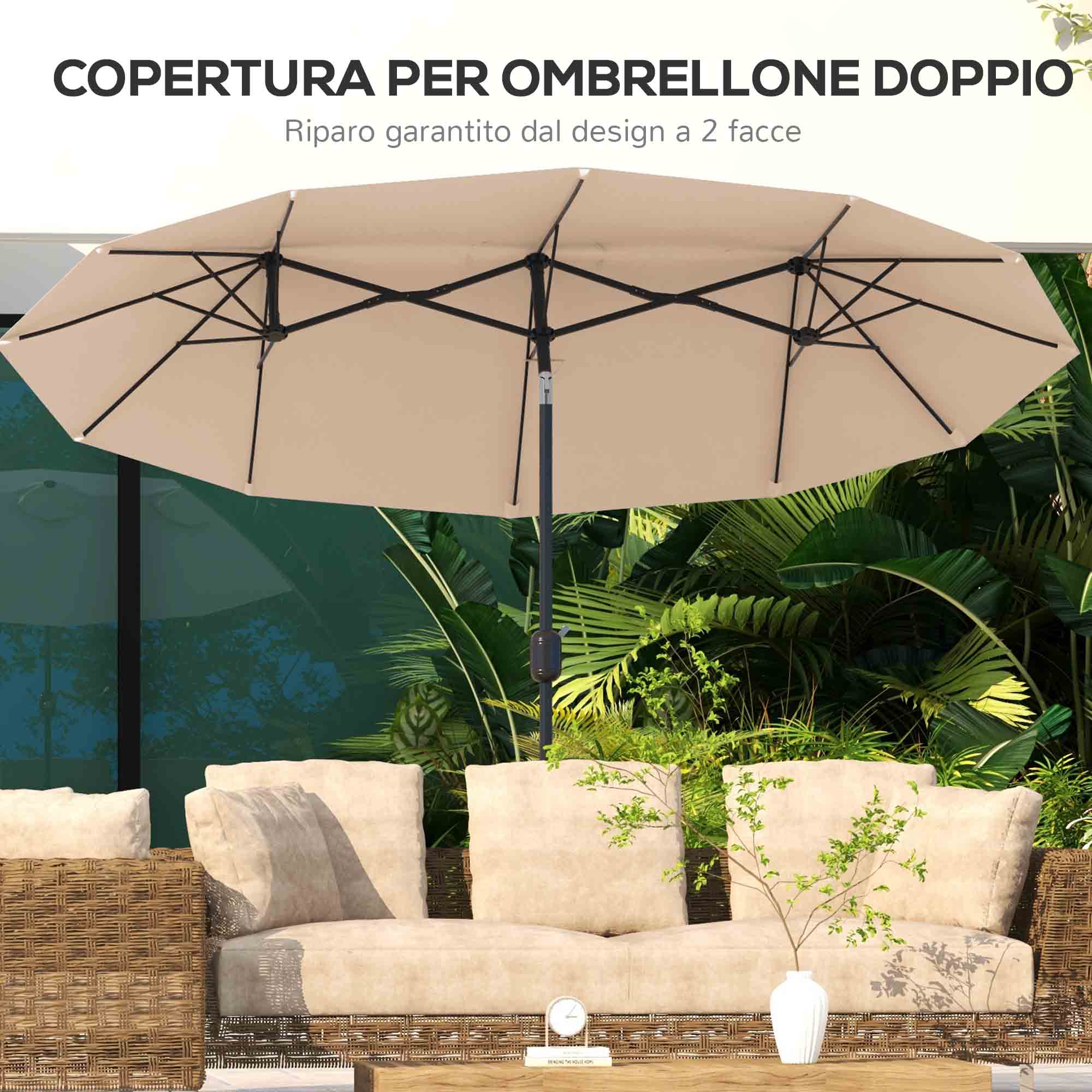 Double Umbrella Tiltable at 45° with Crank and Air Vents, in Steel and Polyester, 285x147x227 cm, Coffee