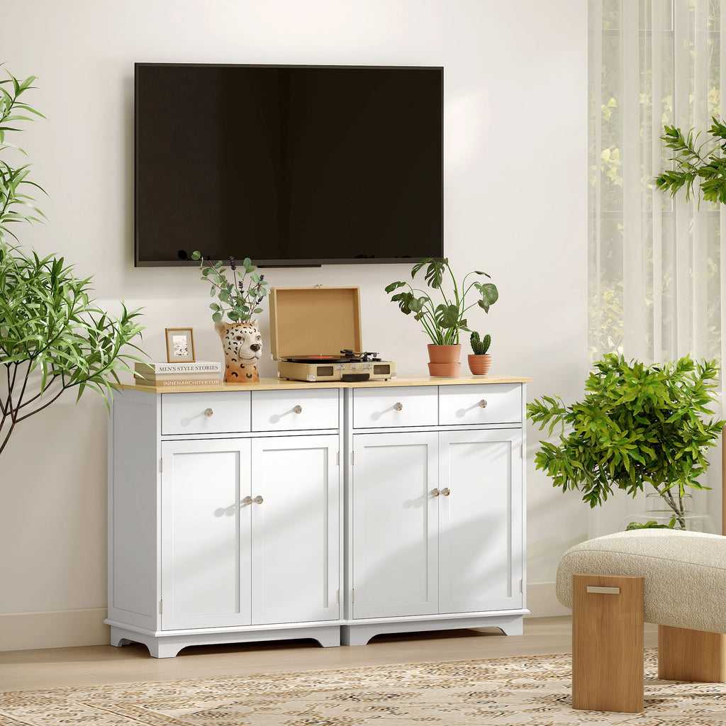 Low Sideboard with 2-Door Cabinet, Adjustable Shelves and 2 Drawers, White and Wood