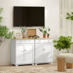 Low Sideboard with 2-Door Cabinet, Adjustable Shelves and 2 Drawers, White and Wood