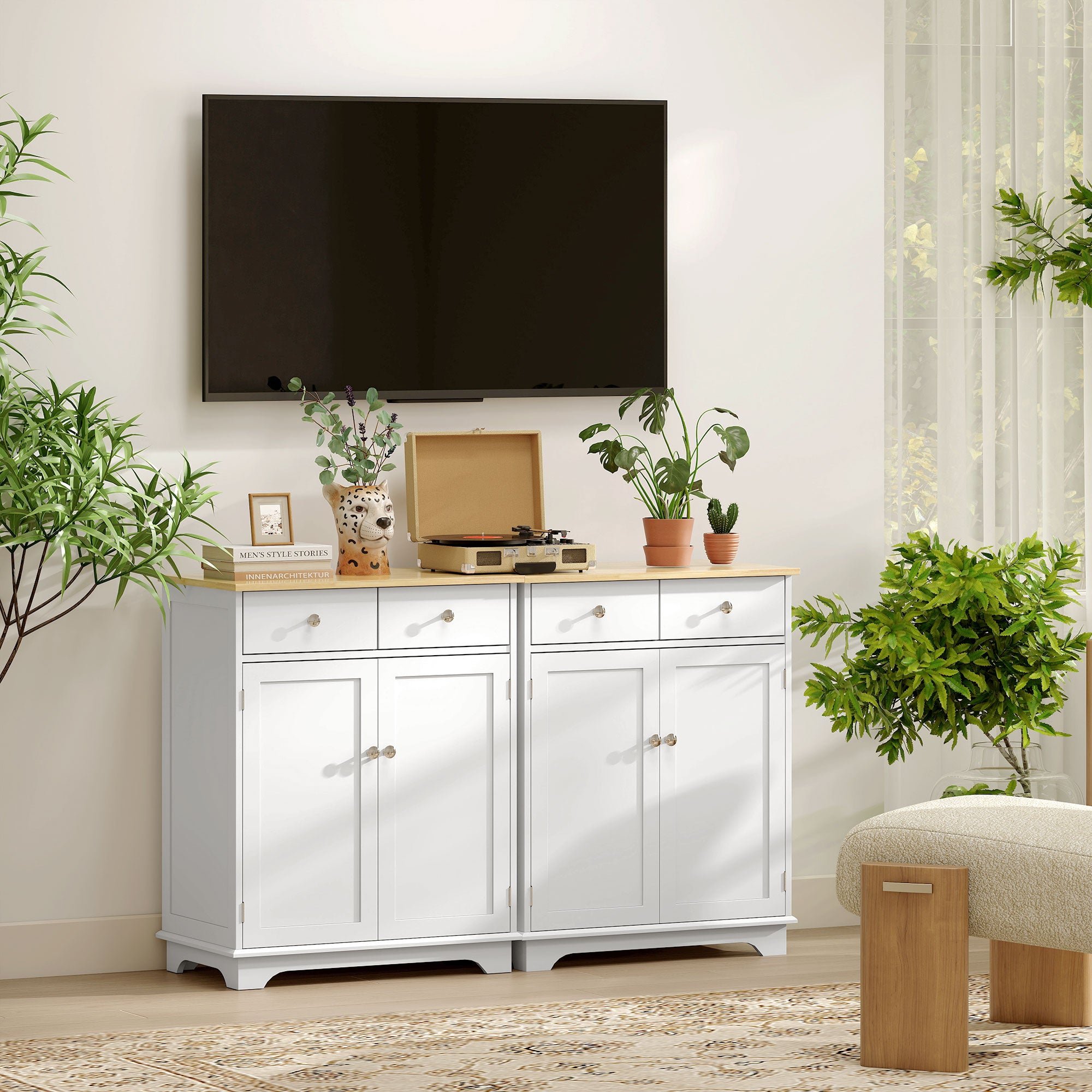 Low Sideboard with 2-Door Cabinet, Adjustable Shelves and 2 Drawers, White and Wood