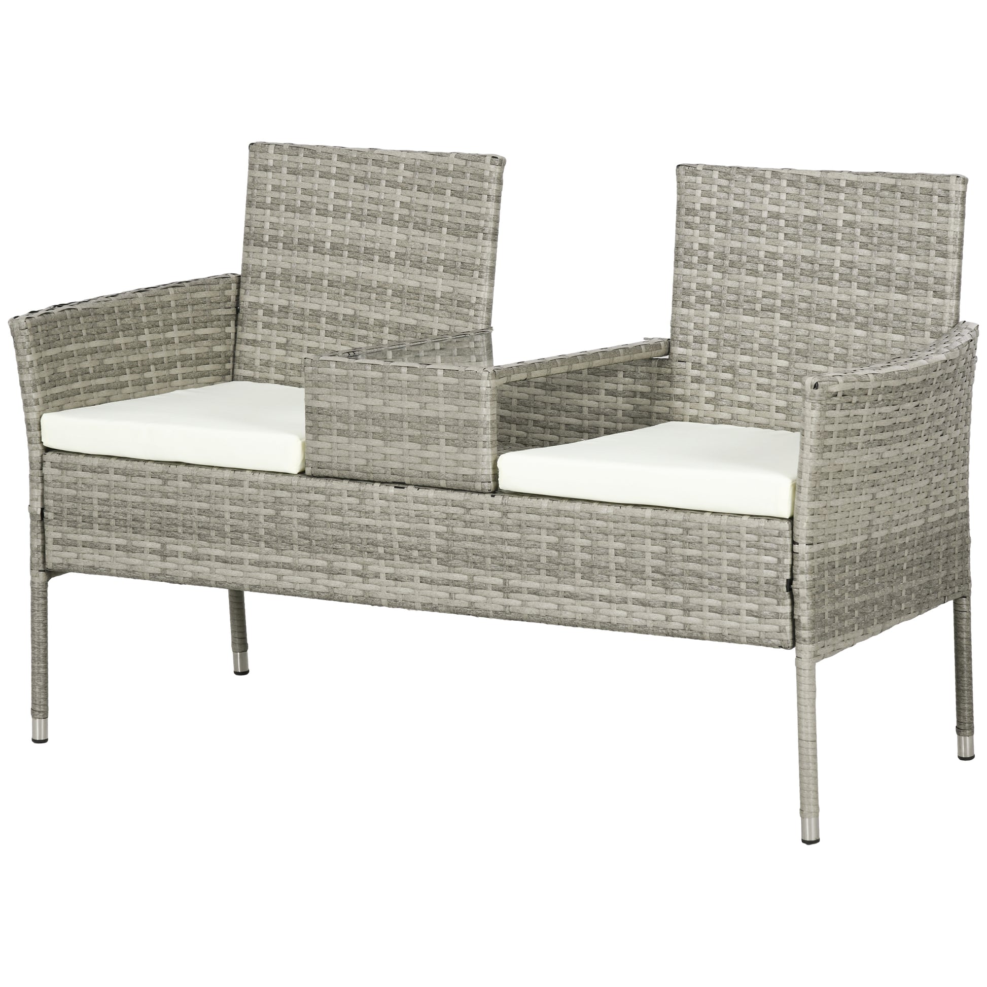 2-Seater Outdoor Sofa with Coffee Table, in Steel and PE Rattan, 137x59x82 cm, Gray and Cream - Borgè