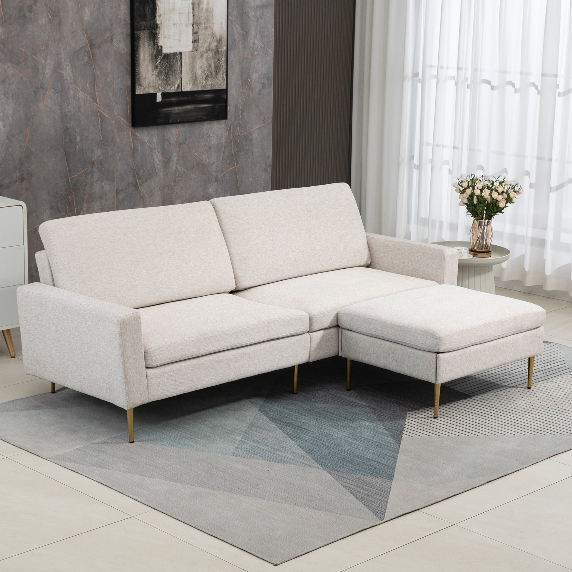 Homcom sofa bed 3 seats in fabric with footrests and vessels with 5 reclinations, 213x91x83cm, cream - Borgè