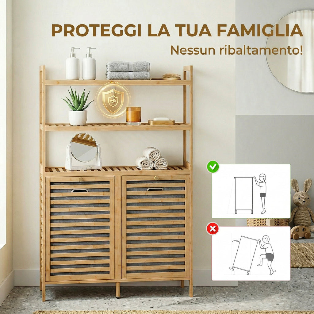 HOMCOM Tiltable Double Laundry Cabinet, Bamboo, 2 Baskets, 3 Shelves, Oak Color