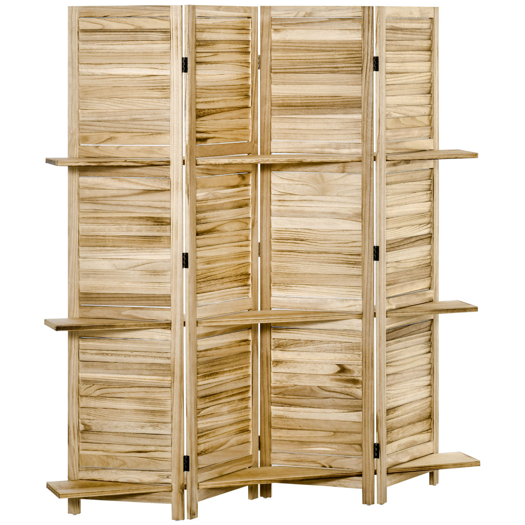 4-Panel Folding Room Divider with Shelves, Paulownia Wood, 162 x 170 cm, Wood