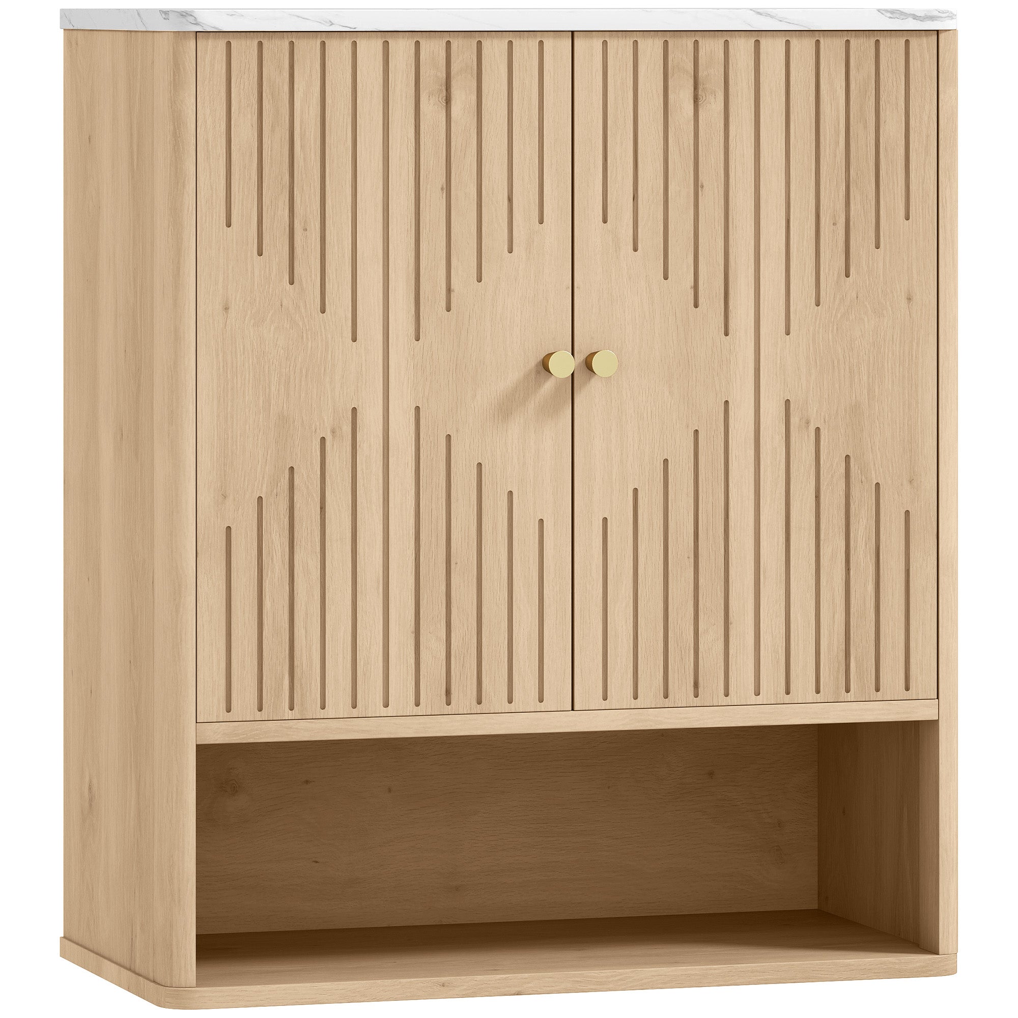 Wall-Mounted Bathroom Cabinet with Open Shelf and Decorated Doors, Marble Effect Top, 60x18x70 cm, Oak