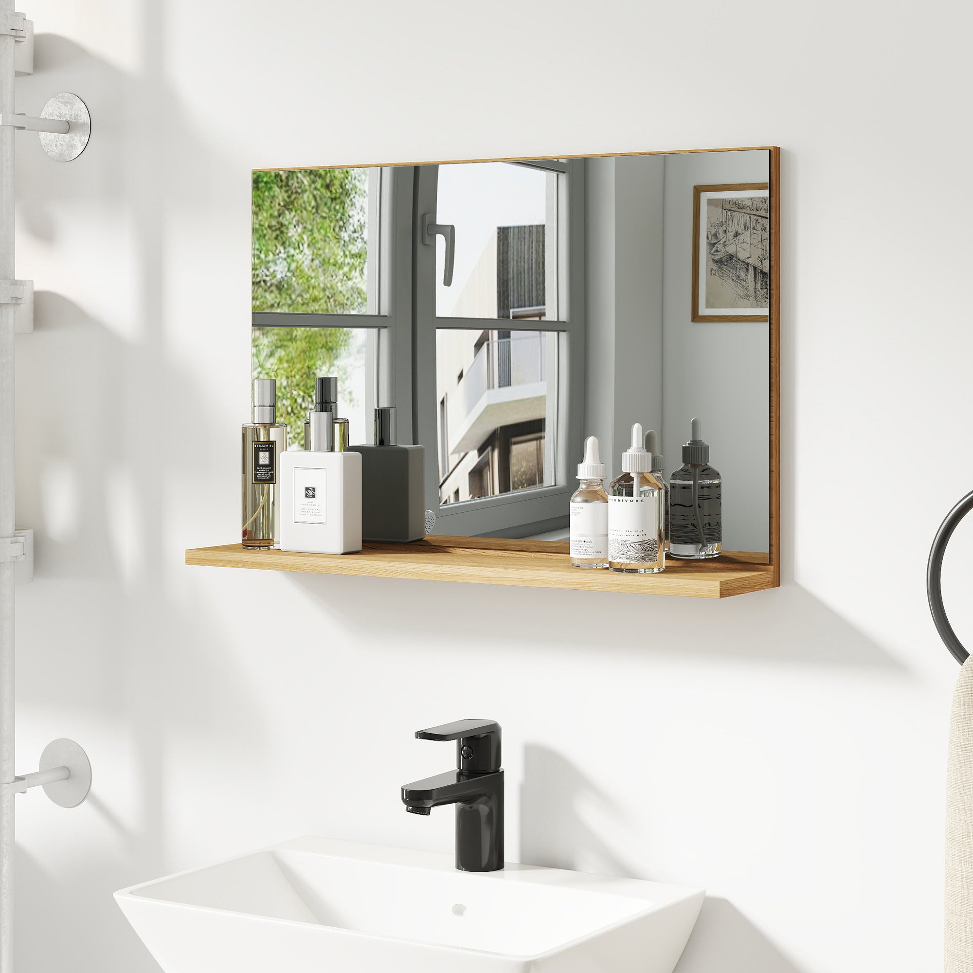 Wall Mounted Bathroom Mirror with Shelf, Modern and Multipurpose Design, 60x12x40 cm, Wood