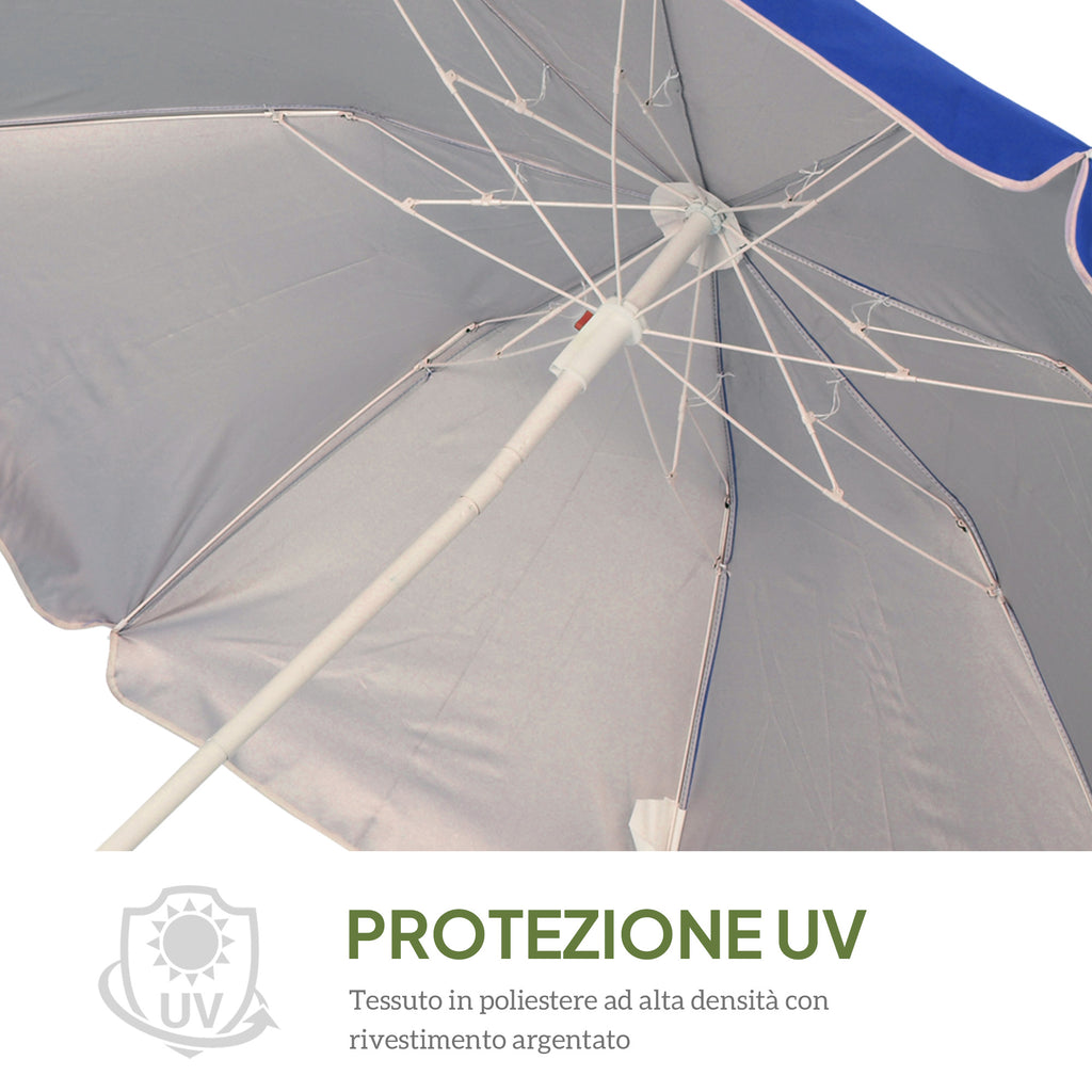 Tilting Beach Umbrella with Reflective Lining, in Steel and Polyester, Ø1.7x2.05 m, Blue