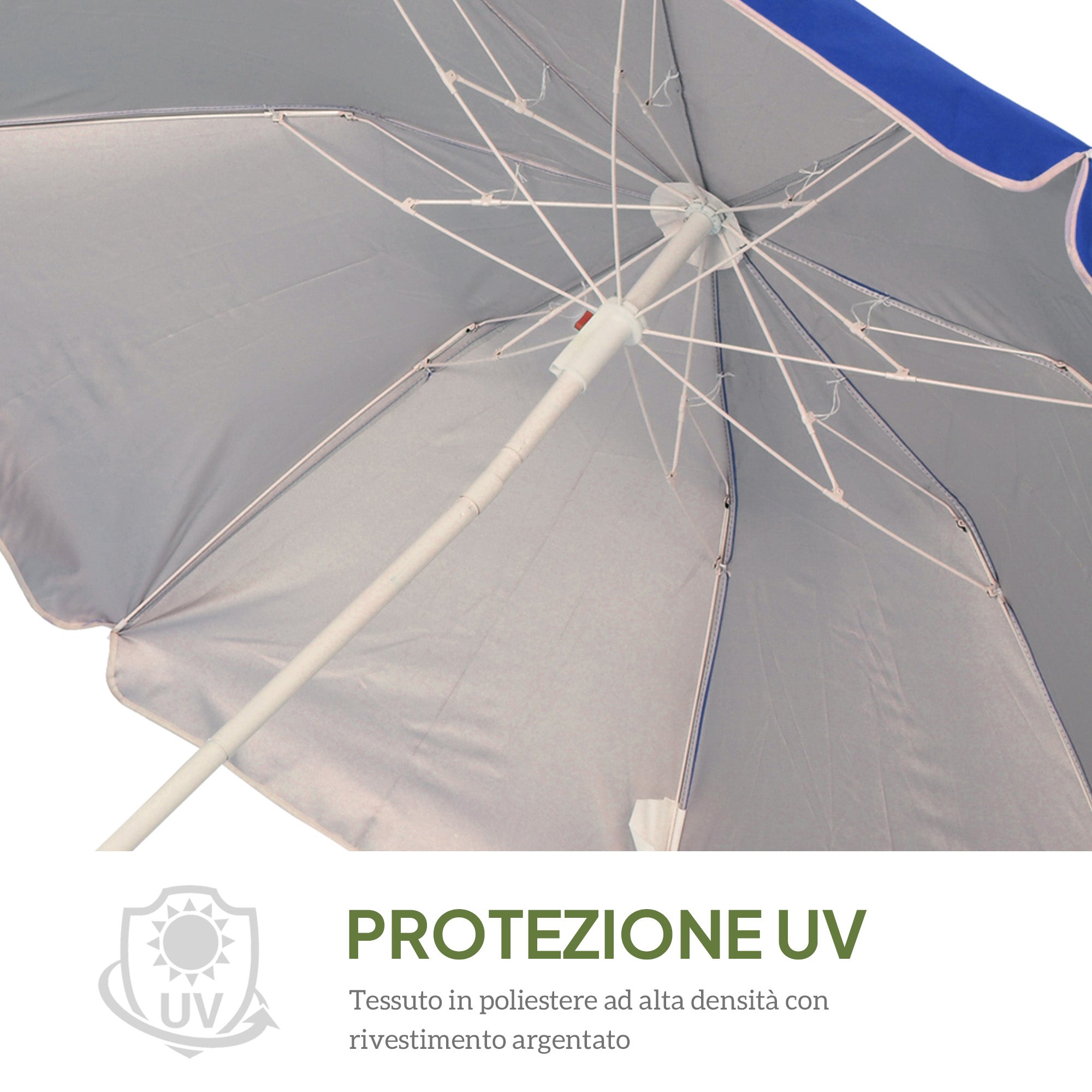 Tilting Beach Umbrella with Reflective Lining, in Steel and Polyester, Ø1.7x2.05 m, Blue