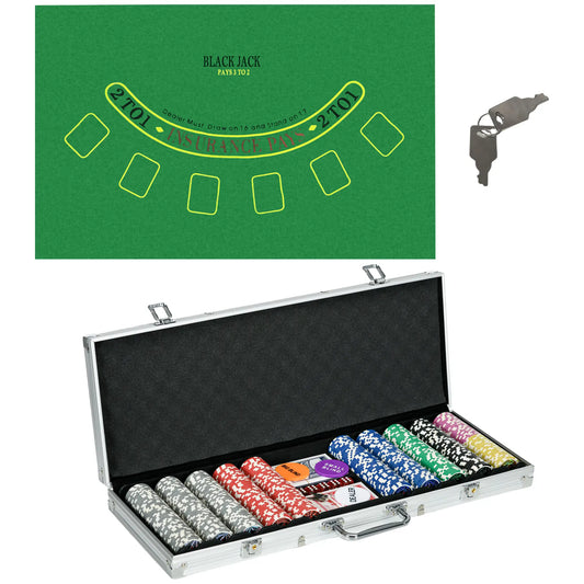 Poker Set for 9-10 Players with 500 Chips, 2 Decks of Cards and 5 Dice, in Aluminum and Polyester