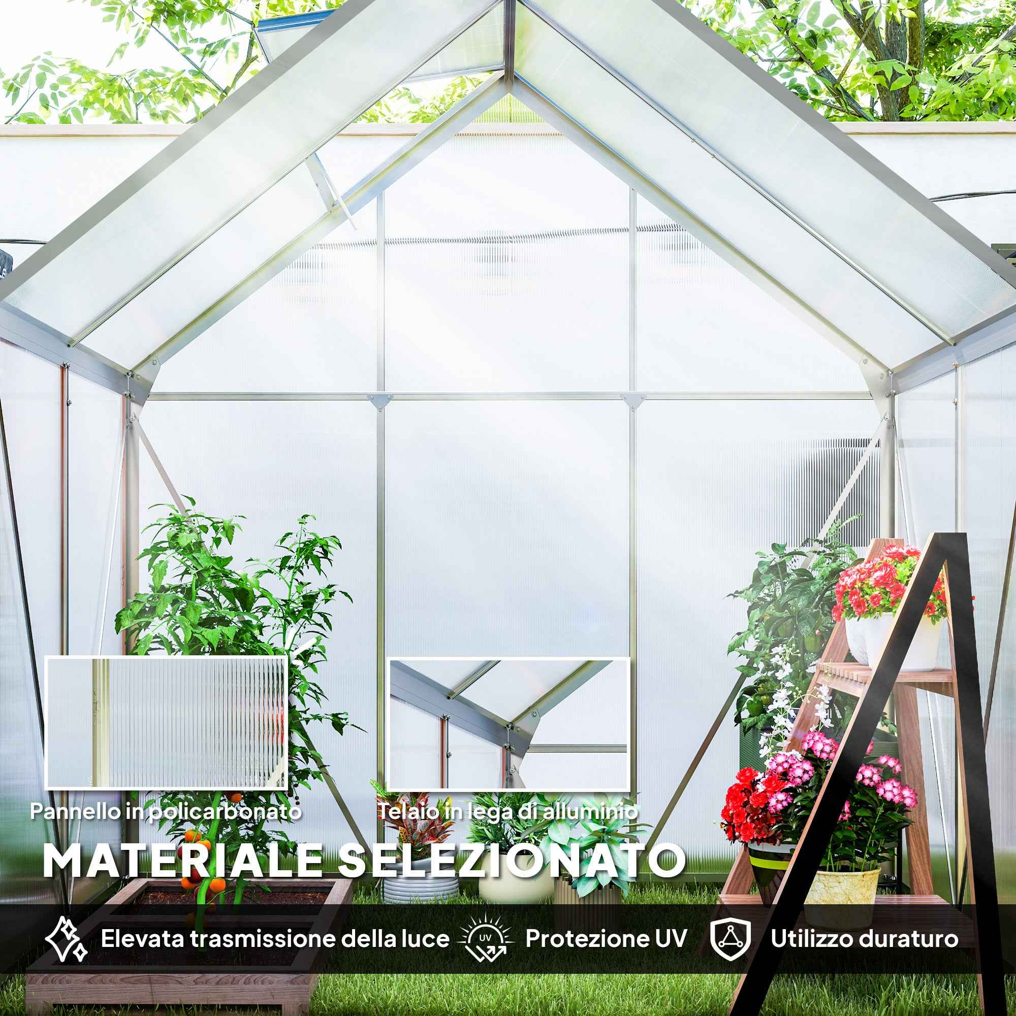 Outsunny Polycarbonate and Aluminum Greenhouse with Hinged Door and Roof Window, 192.5x131x200 cm, Silver