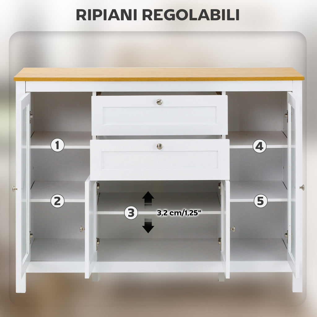 Kitchen Cabinet with 2 Drawers and 3 Cupboards, Glass Doors and Adjustable Shelves, 120x40x90 cm, White and Oak