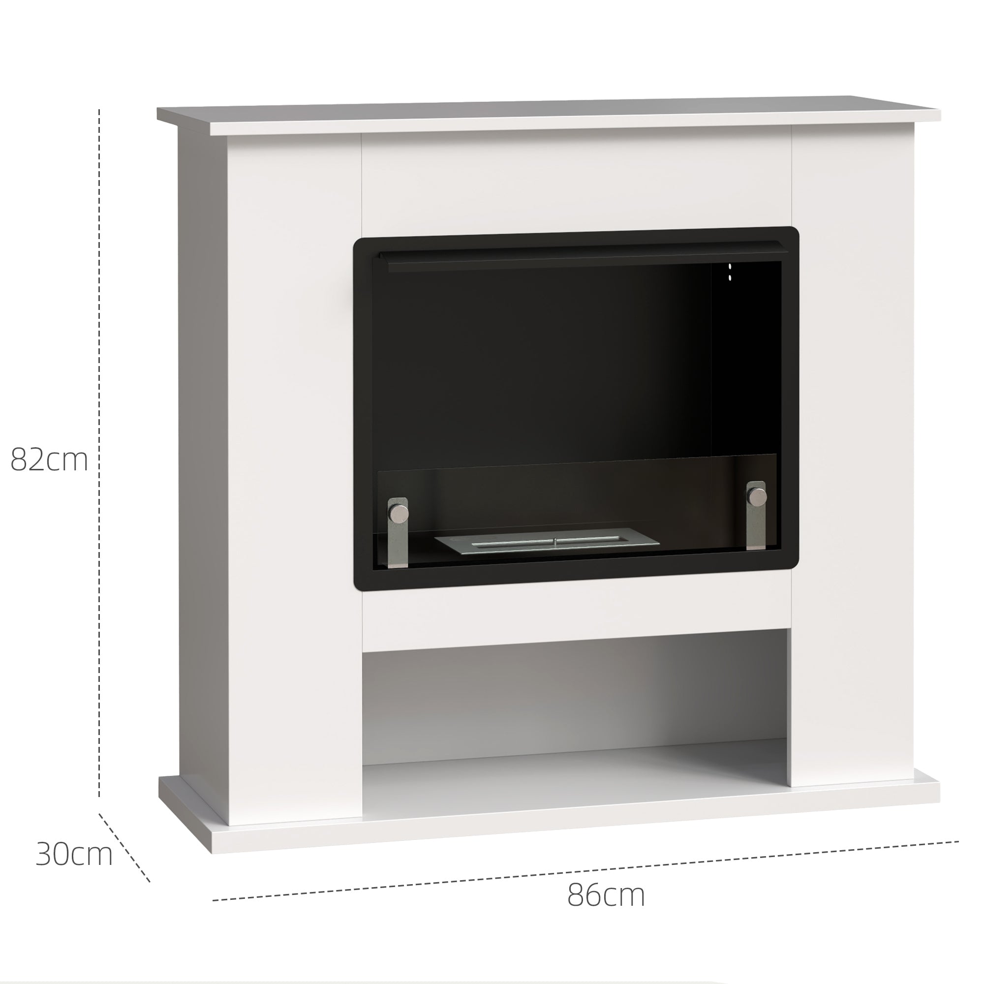 Bioethanol Fireplace 0.9L with Bottom Shelf, Stainless Steel and Tempered Glass, 86x30x82 cm, White