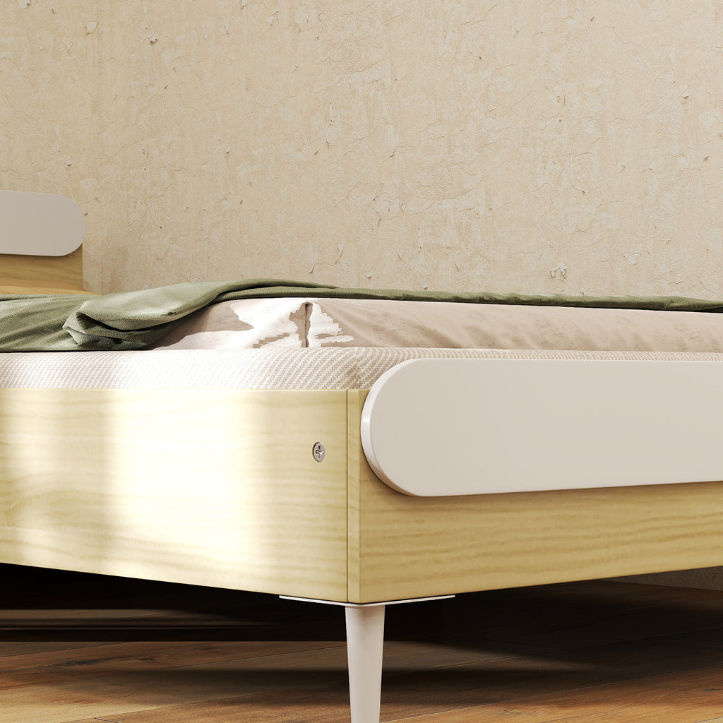 Children's Bed 3-10 Years Low with High Side Rails, Wooden, 194.8x103x60.5 cm, White and Wood Color