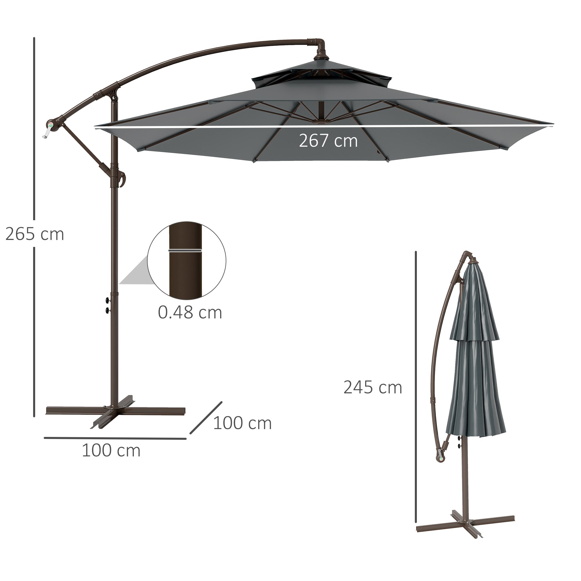 2.7x2.7m Cantilever Umbrella with 2-Tier Adjustable Canopy and Cross Base, Grey