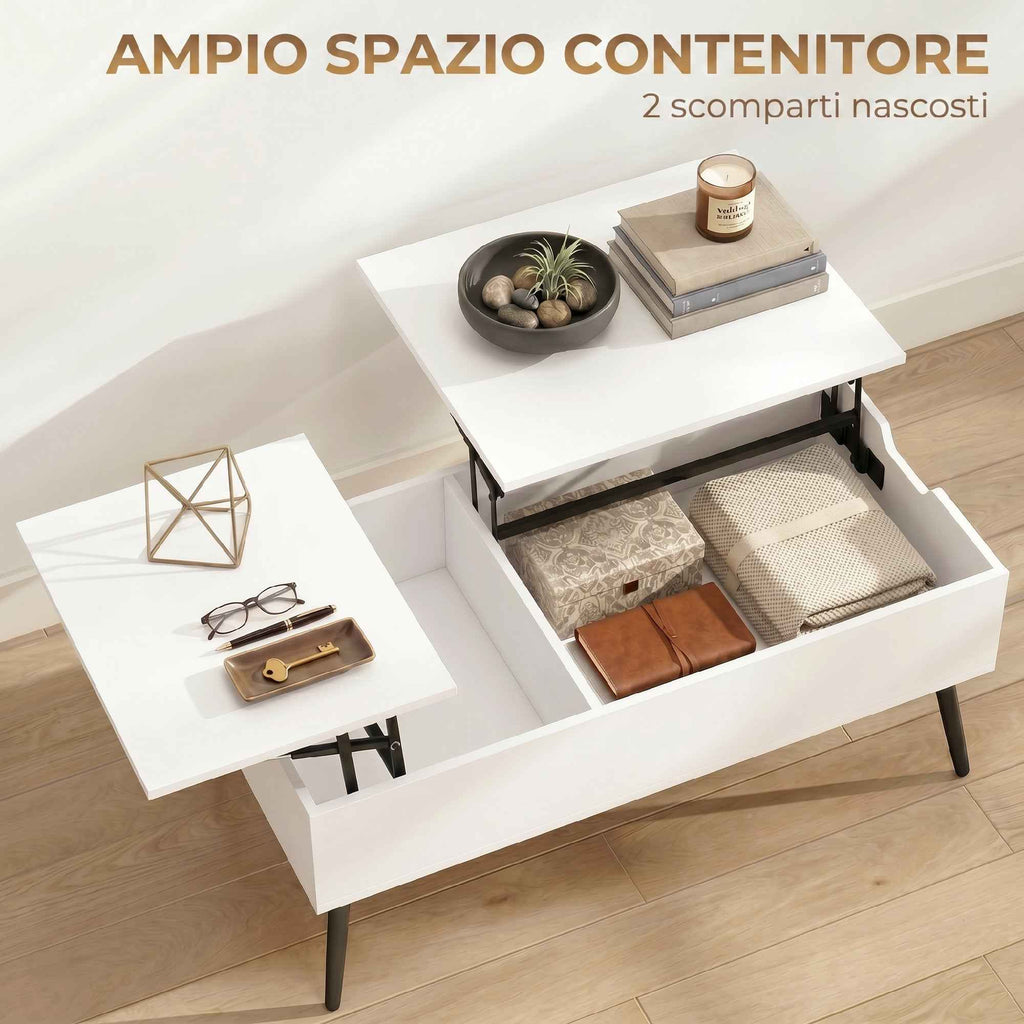 HOMCOM Lift-Up Coffee Table with Double Top and Hidden Storage, White for Living Room