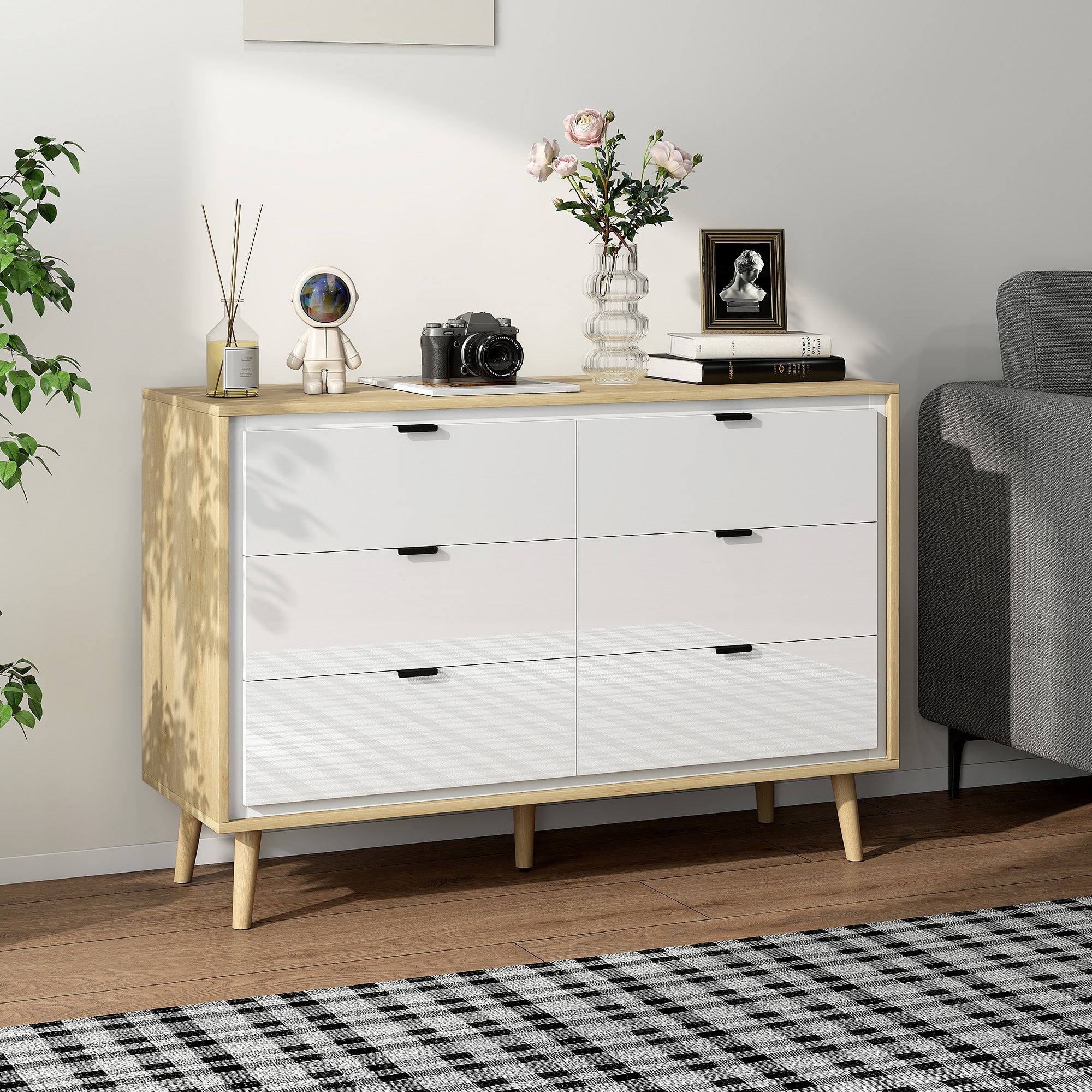 6-Drawer Wooden Chest of Drawers for Bedroom, 110x40x75 cm, Gloss White and Oak