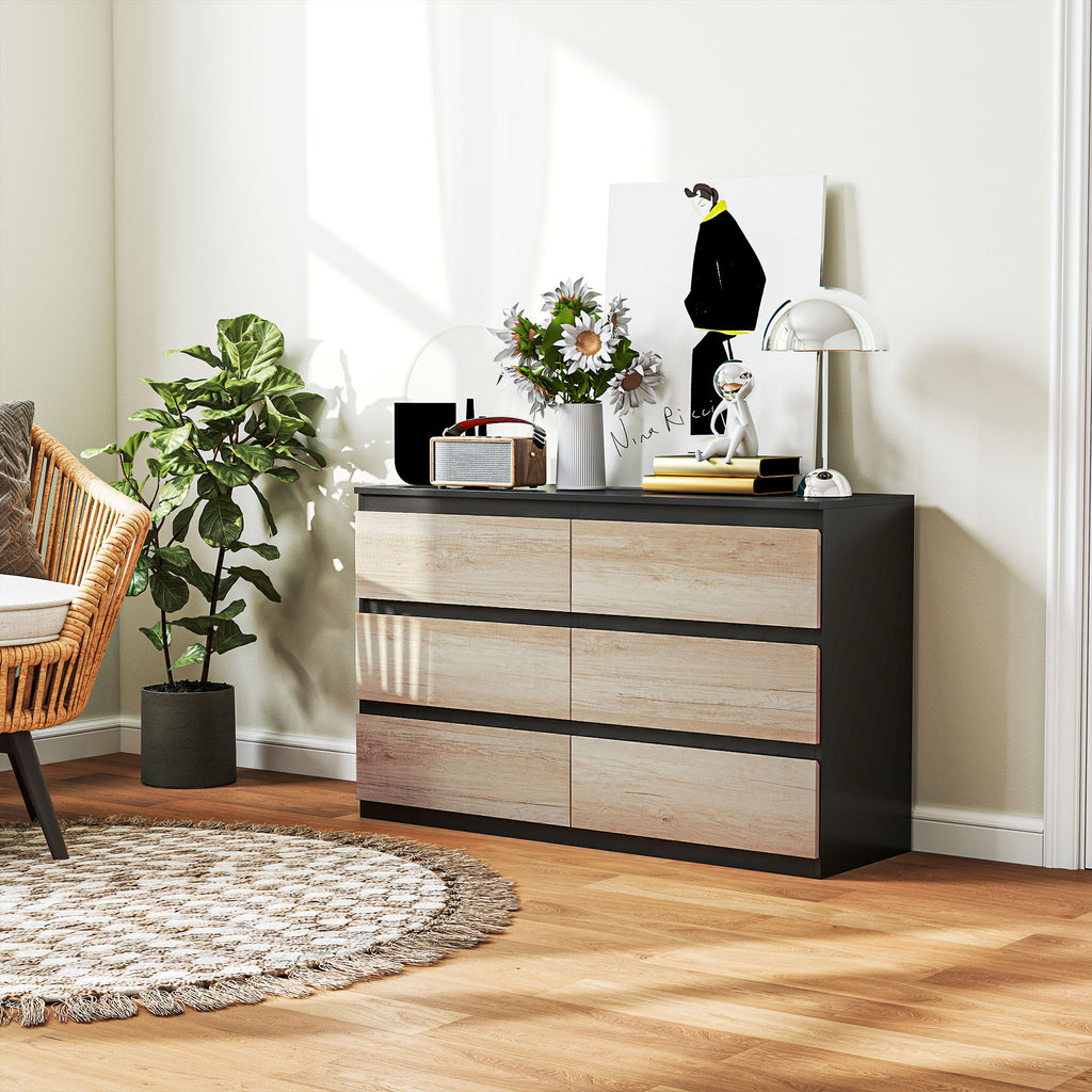Chest of 6 Drawers for the Bedroom in Wood with Metal Guides, 120x39x75 cm, Black and Wood Color