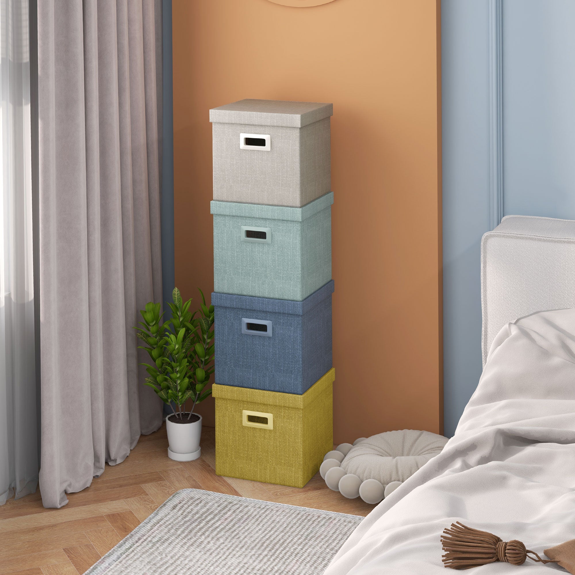 Set of 4 Fabric Closet Storage Boxes with Lids and Foldable 30x30x29cm, Blue, Cream, Green and Light Grey