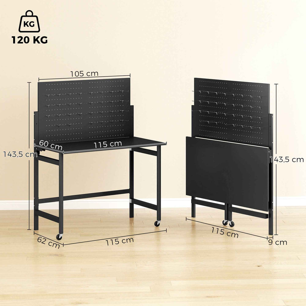 HOMCOM Portable Folding Workbench with Perforated Panel, Thick Wood Top, Steel Frame, Black