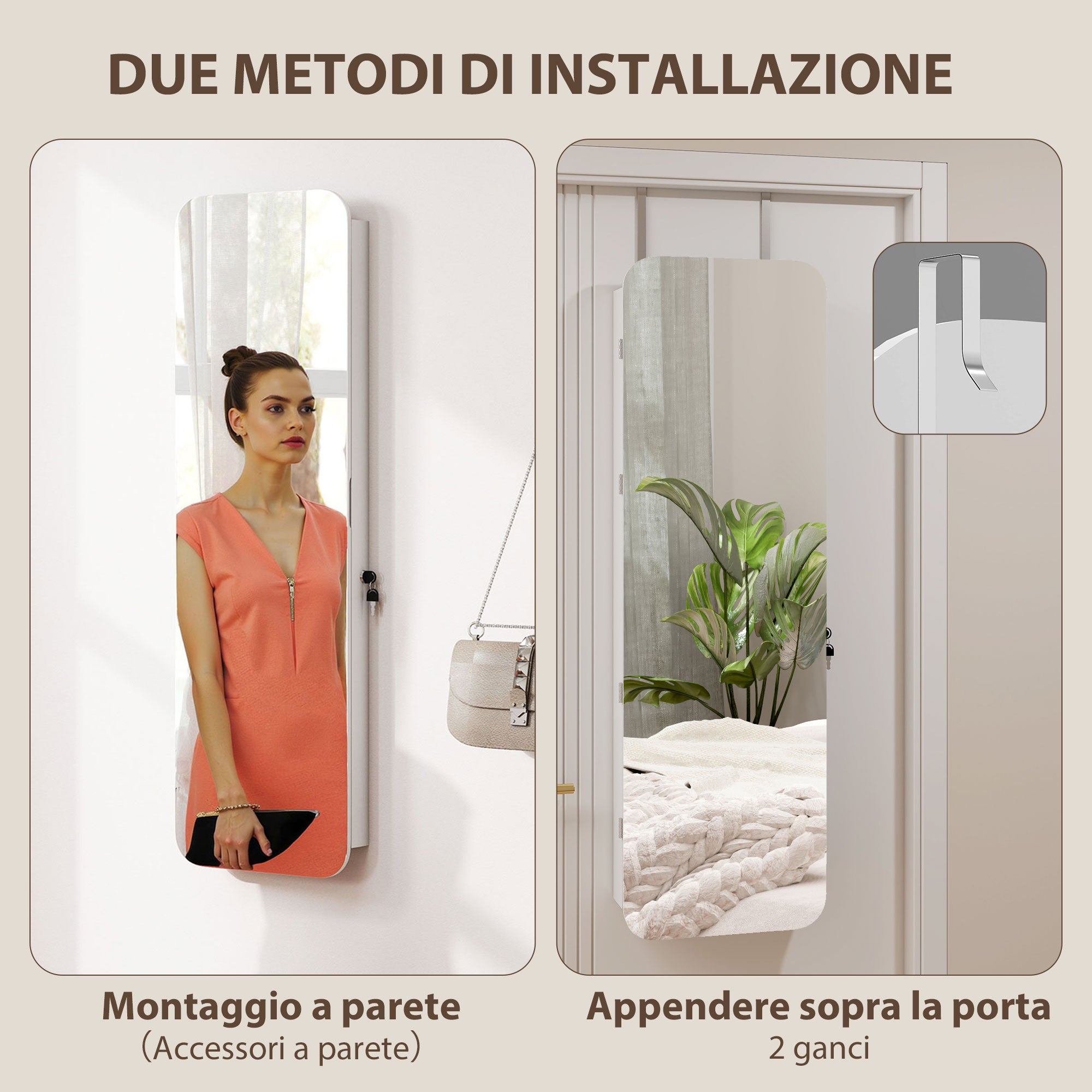 HOMCOM Wall-Mounted and Door-Mounted Jewelry Mirror with Illuminated Interior Mirror and Lock, 37x10x120 cm