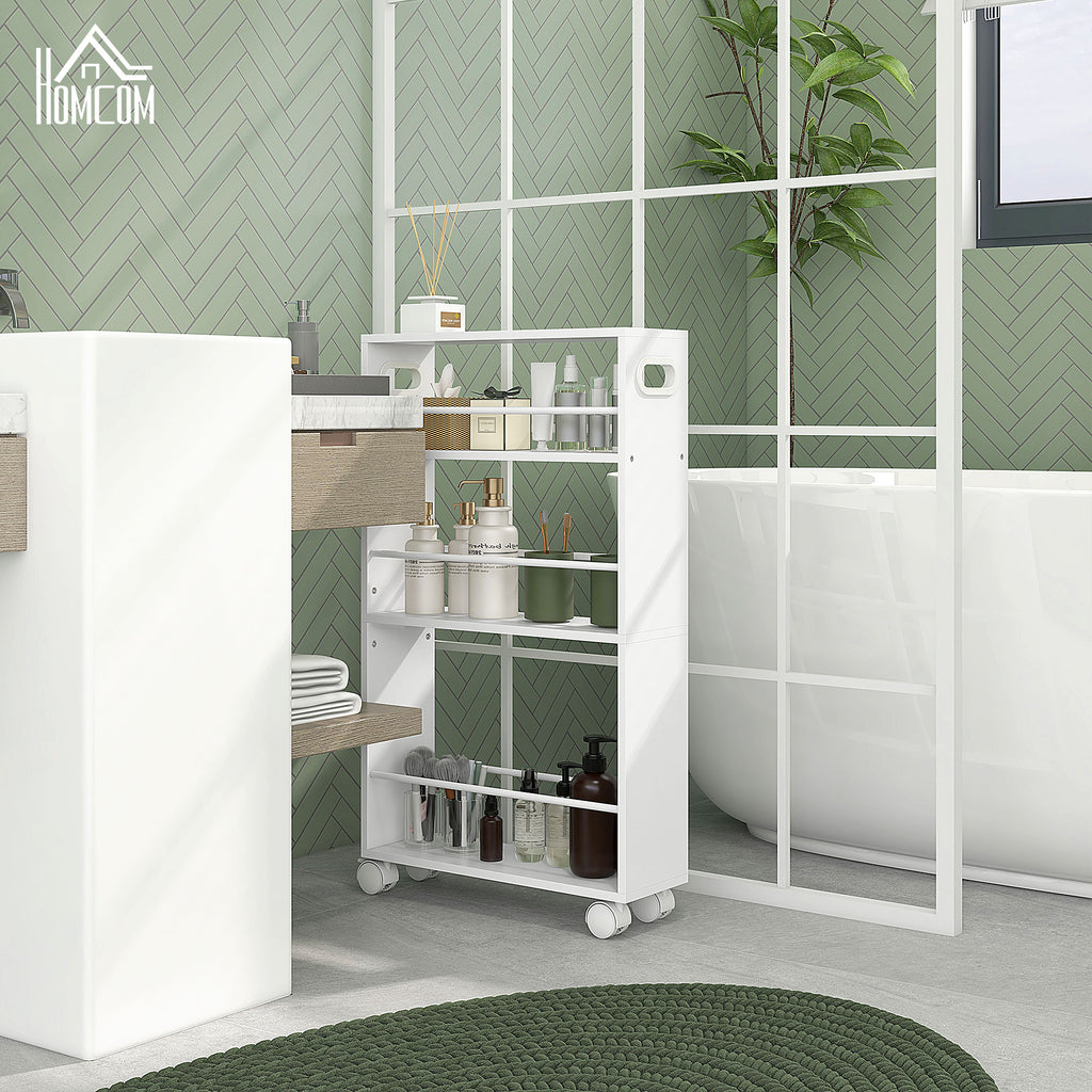 Space-Saving 3-Tier Kitchen and Bathroom Cart with Side Bars and Wheels with Brakes, White