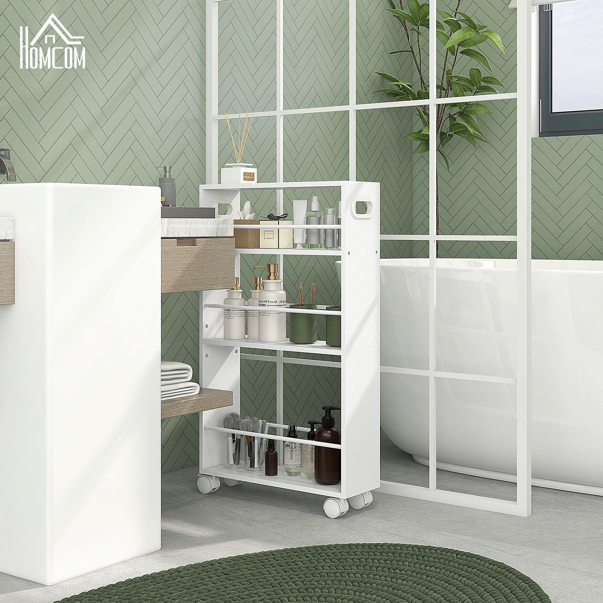 Space-Saving 3-Tier Kitchen and Bathroom Cart with Side Bars and Wheels with Brakes, White
