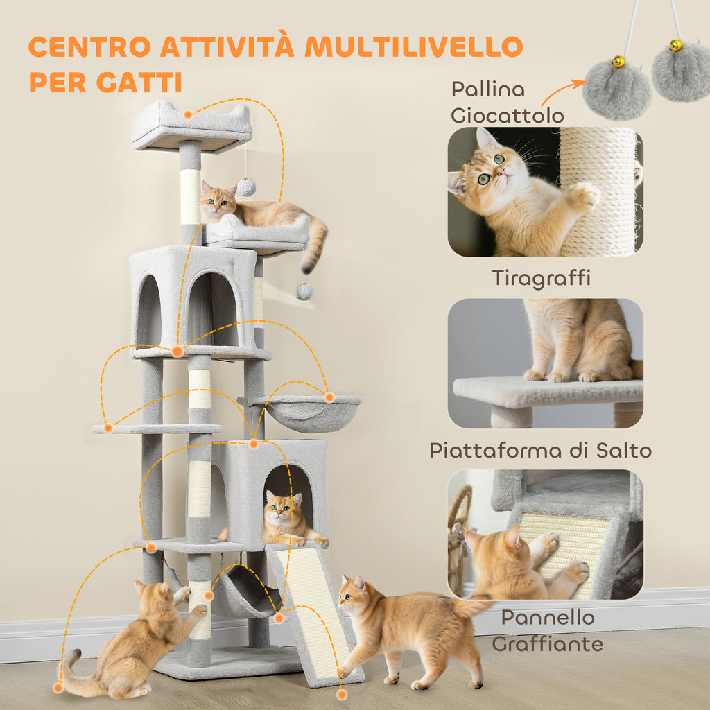 Cat Tree with 2 Cat Houses, 2 Cat Beds, Perch and 2 Balls, 48x40x177 cm, Light Grey and Beige
