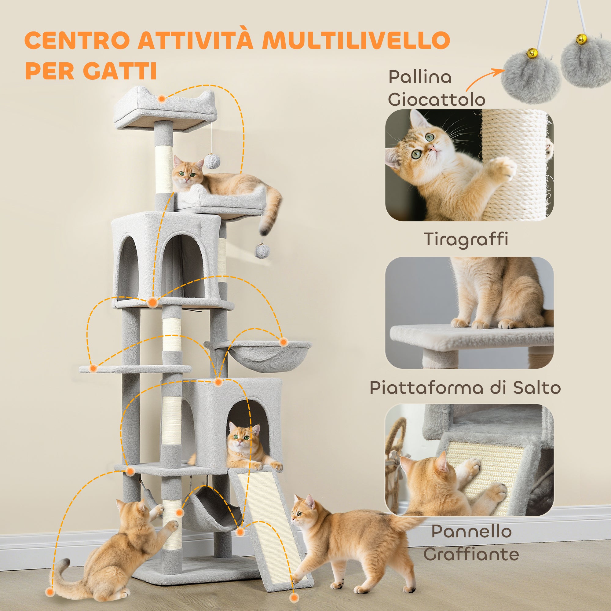 Cat Tree with 2 Cat Houses, 2 Cat Beds, Perch and 2 Balls, 48x40x177 cm, Light Grey and Beige