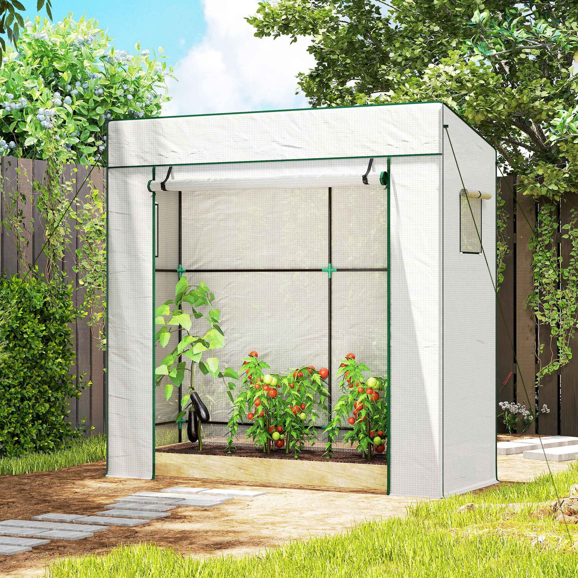 Outsunny Greenhouse for Plants with 2 Side Mesh Windows and Roller Door, in PE and Steel, 196x77x197 cm, White