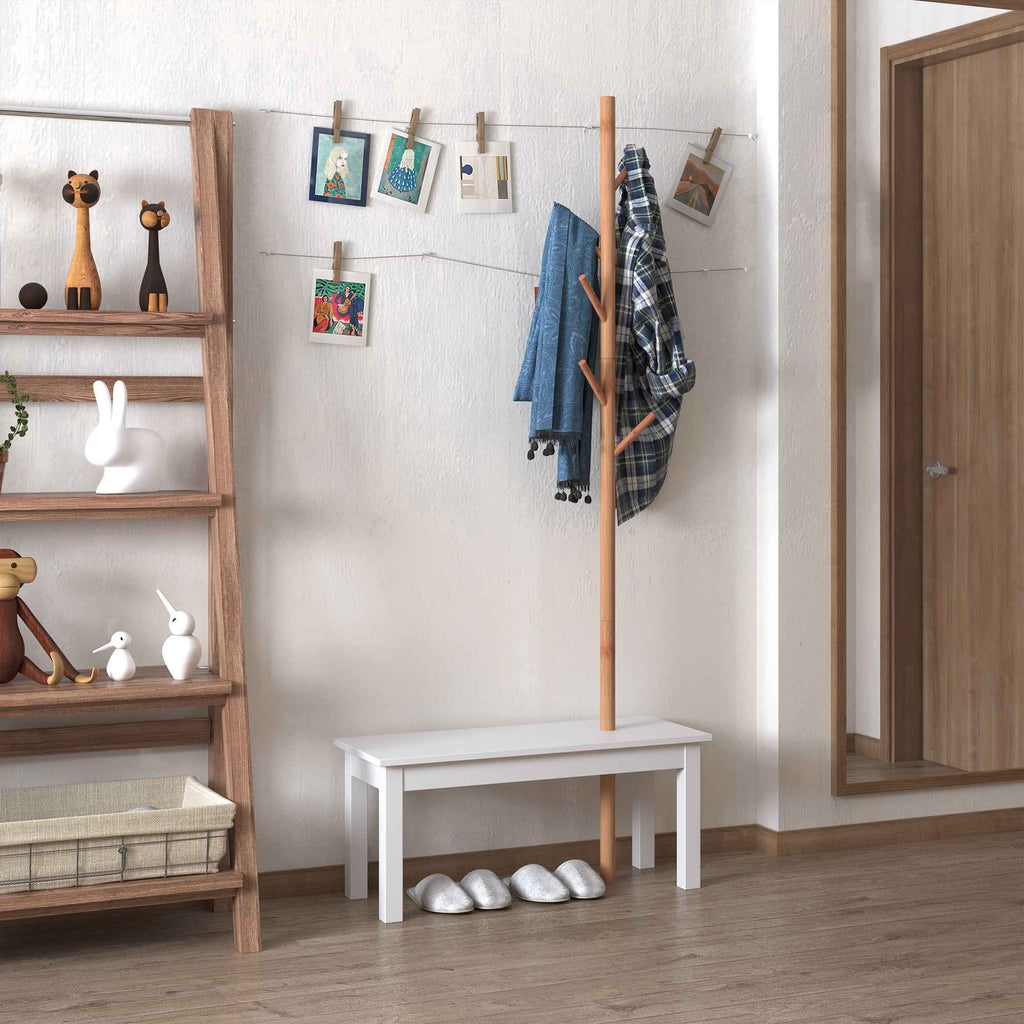 HOMCOM Hallway Bench with Coat Rack, Bamboo Floor-Standing Coat Stand, White Hallway Bench, Design, Also for Bedroom, 80x30x180cm, White Wood