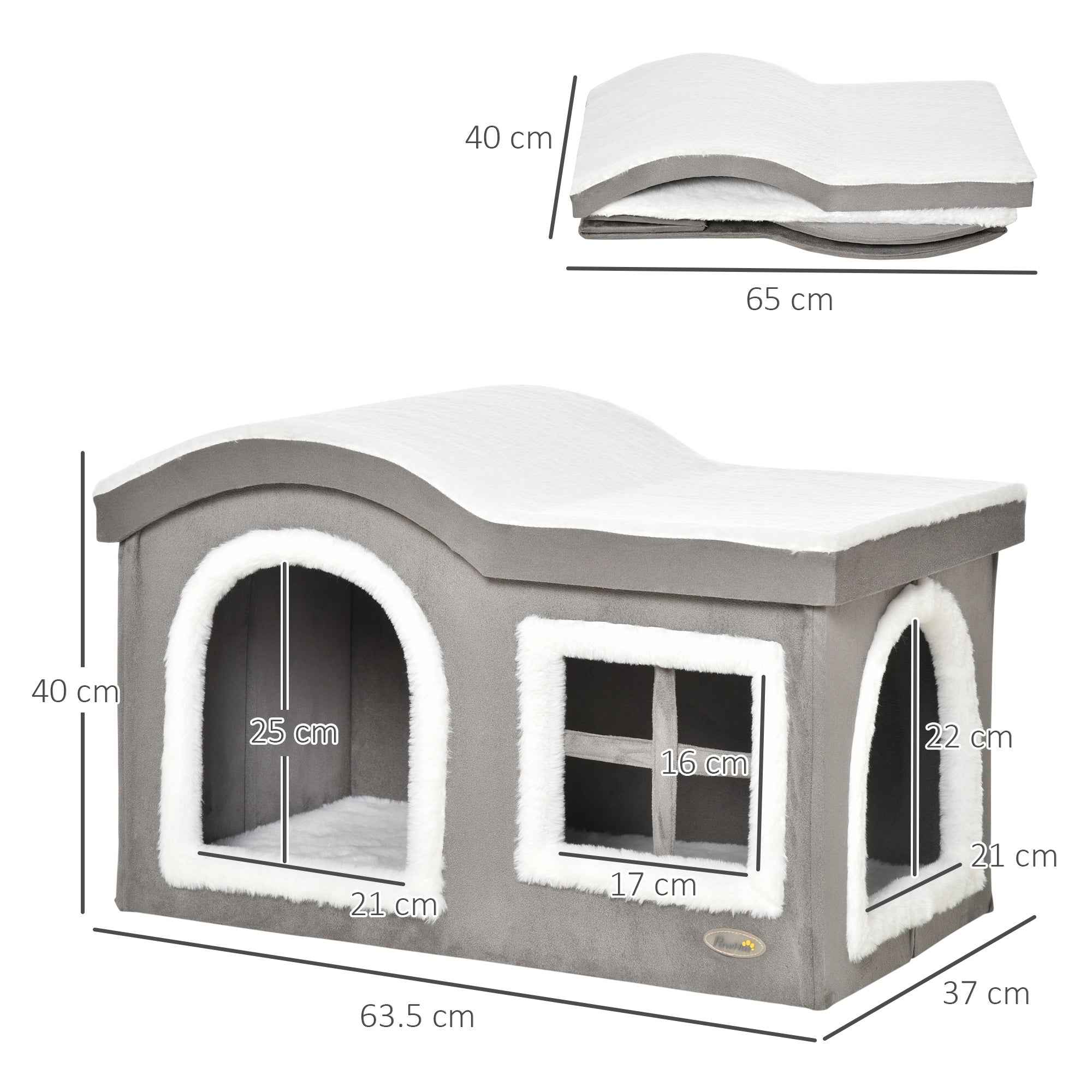Pawhut Indoor Cat House with 2 Entrances, Window and Non-Slip Base, 63.5x37x40 cm, Grey