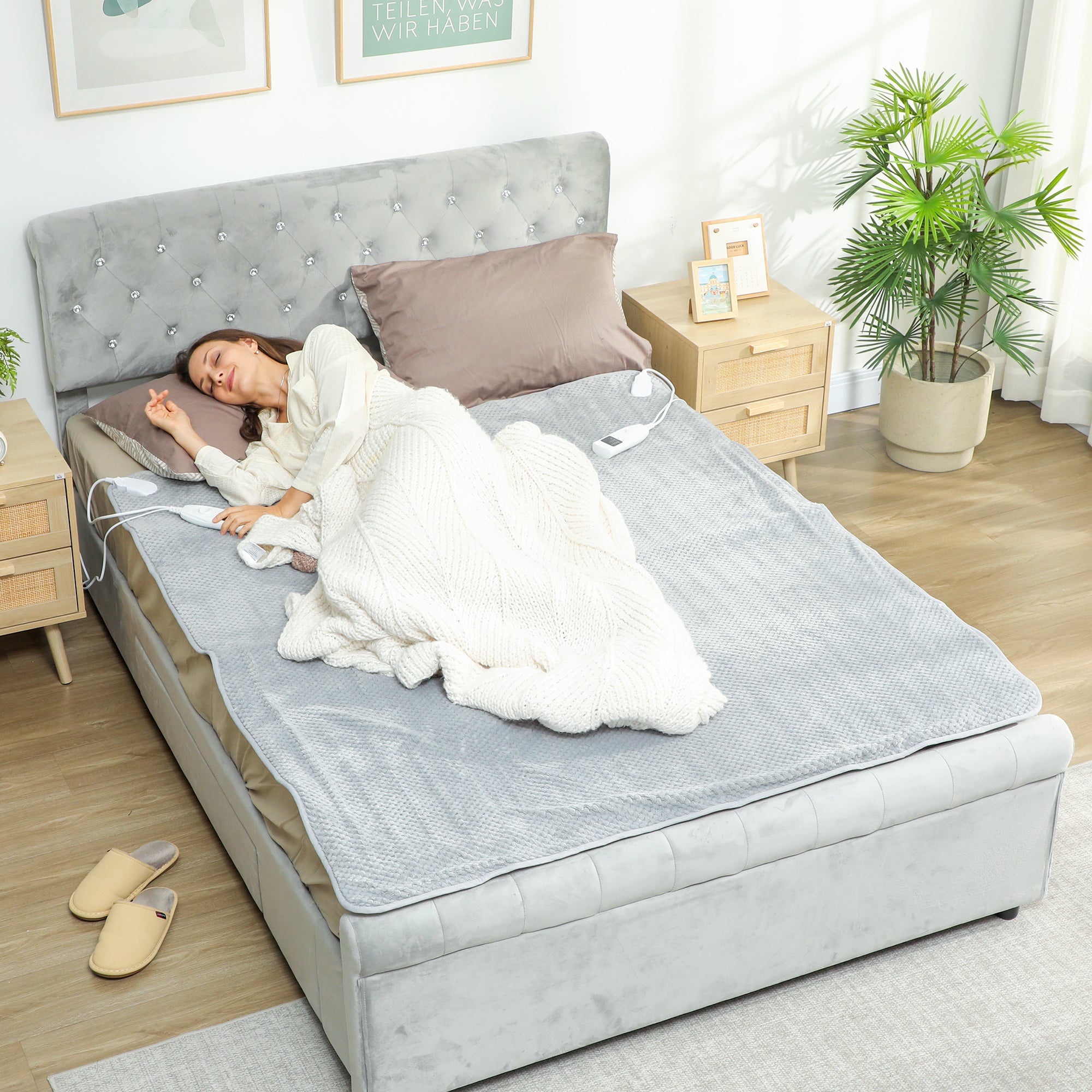 Electric Blanket 160x140 cm with 5 Heat Levels and 2 Remote Controls, in Fleece and Polyester, Grey