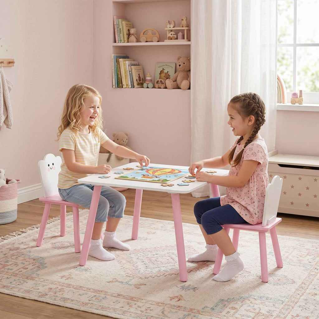 AIYAPLAY Wooden Table and 2 Chairs Set for Children Ages 3-6 with Rounded Corners, Pink