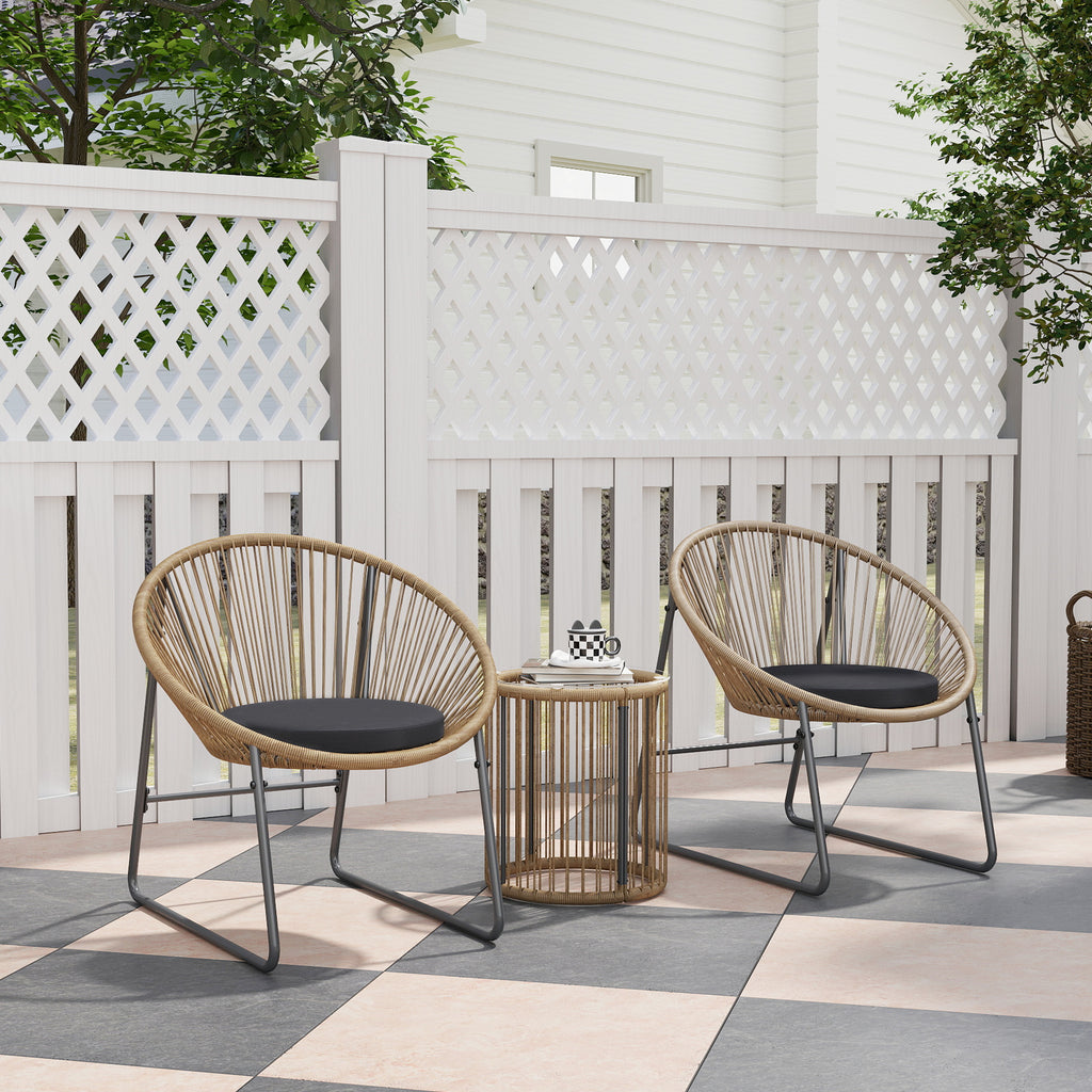 3 Piece Rattan and Steel Garden Set with 2 Chairs with Cushions and Cylinder Coffee Table, Multicolor