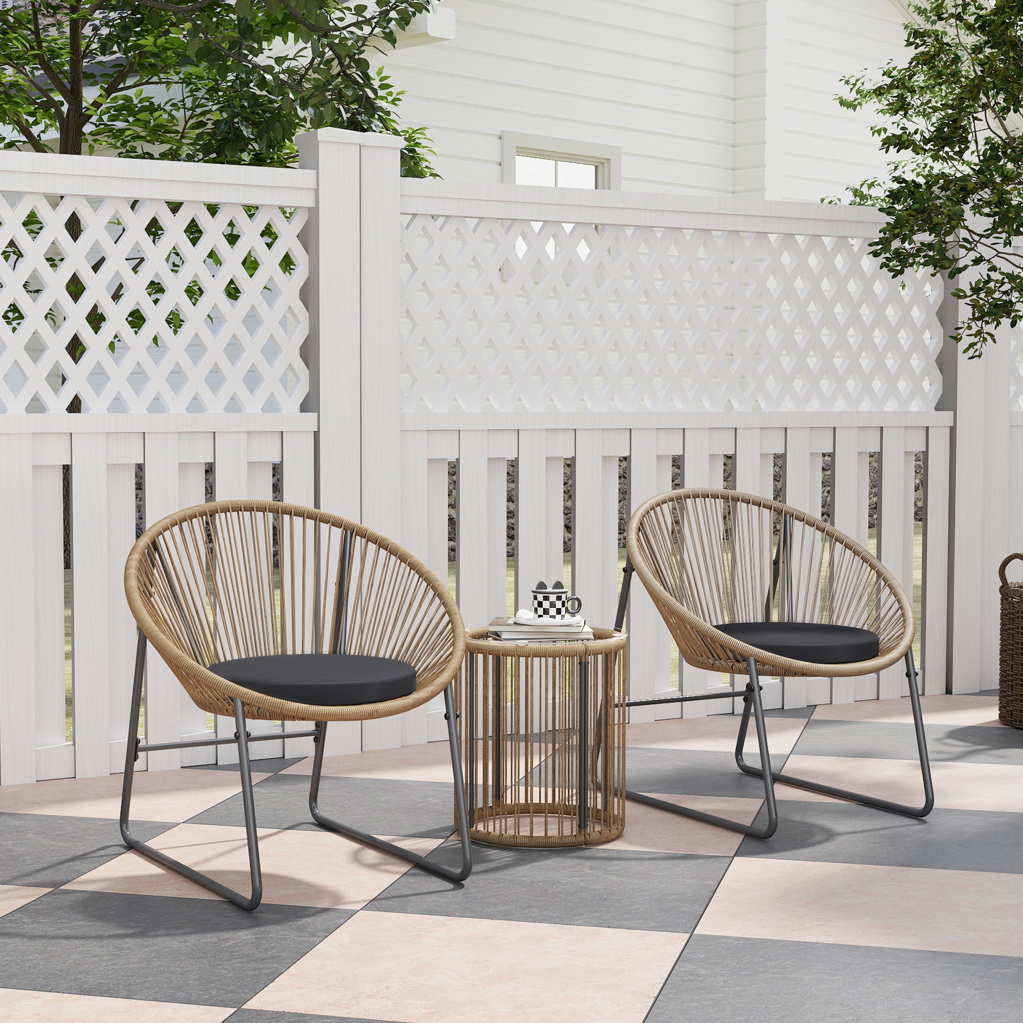 3 Piece Rattan and Steel Garden Set with 2 Chairs with Cushions and Cylinder Coffee Table, Multicolor
