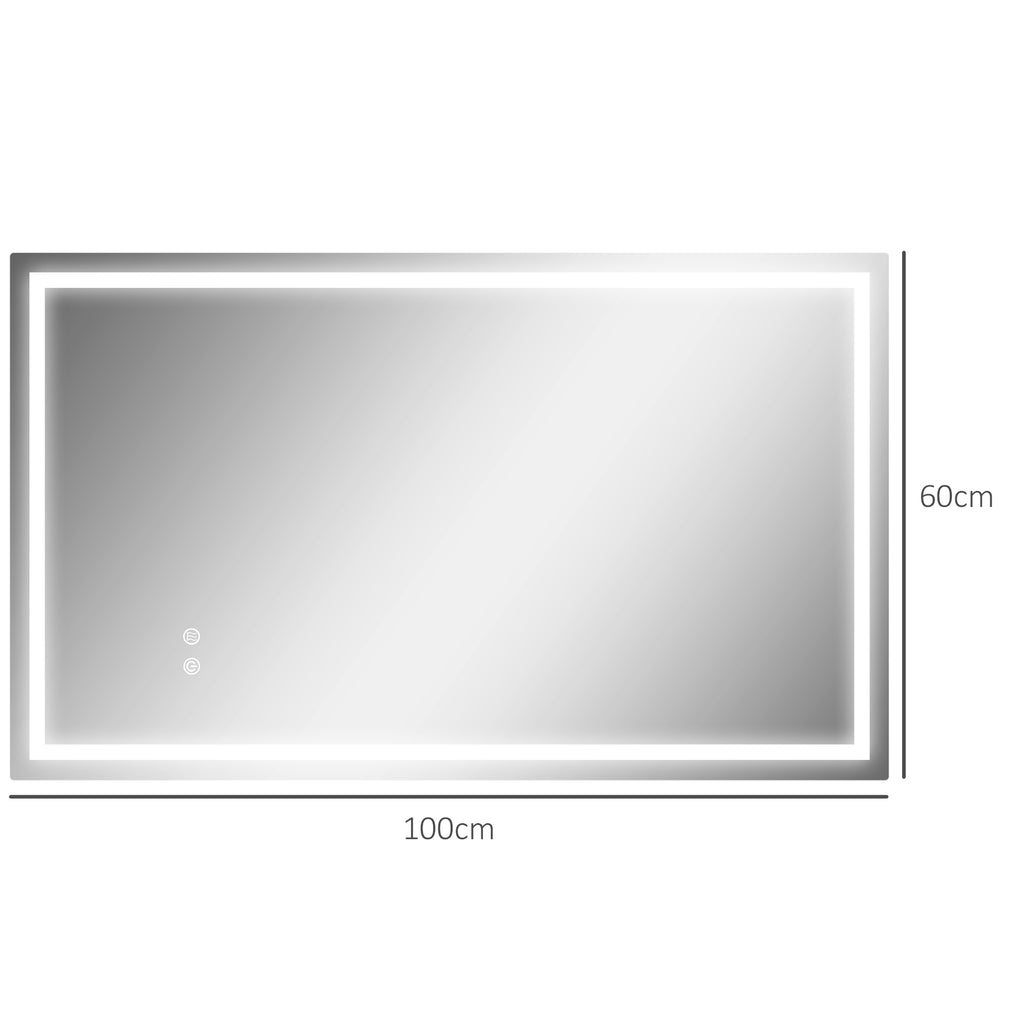 Bathroom Mirror with 3-Color Adjustable LED Lights and Anti-Shock Coating, Glass and Metal, 100x3x60 cm