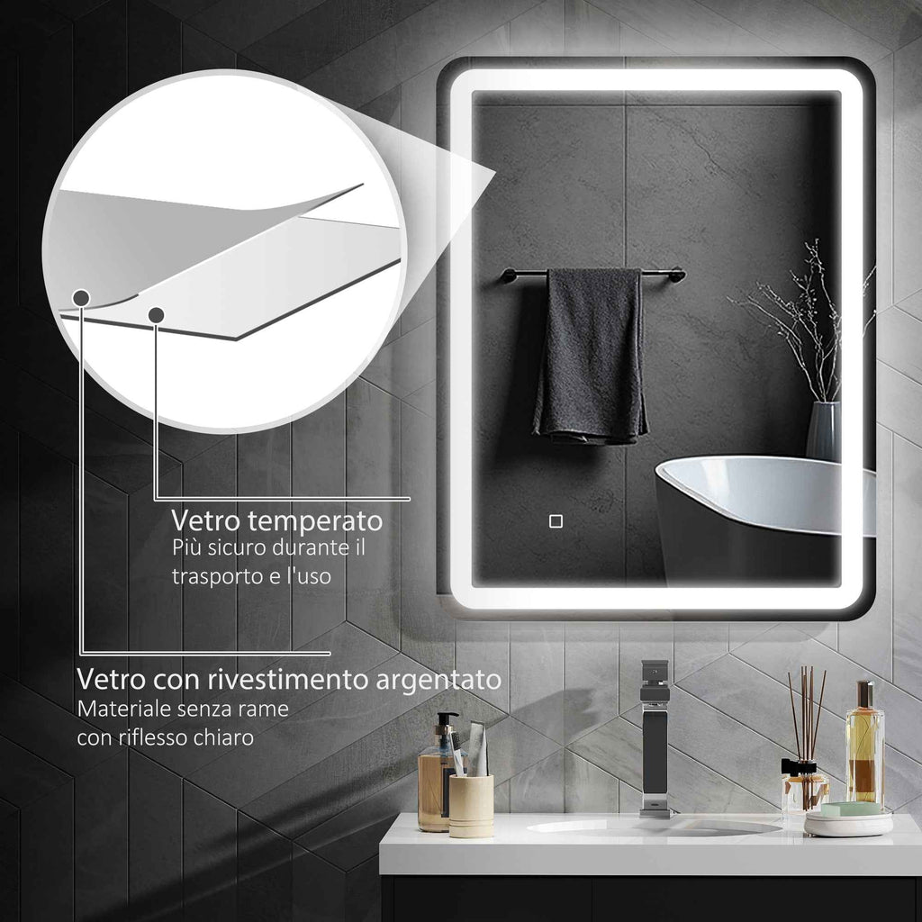 HOMCOM LED Touch Bathroom Mirror with Dimmable Light, 3 Temperatures and Anti-Fog, 70x90 cm