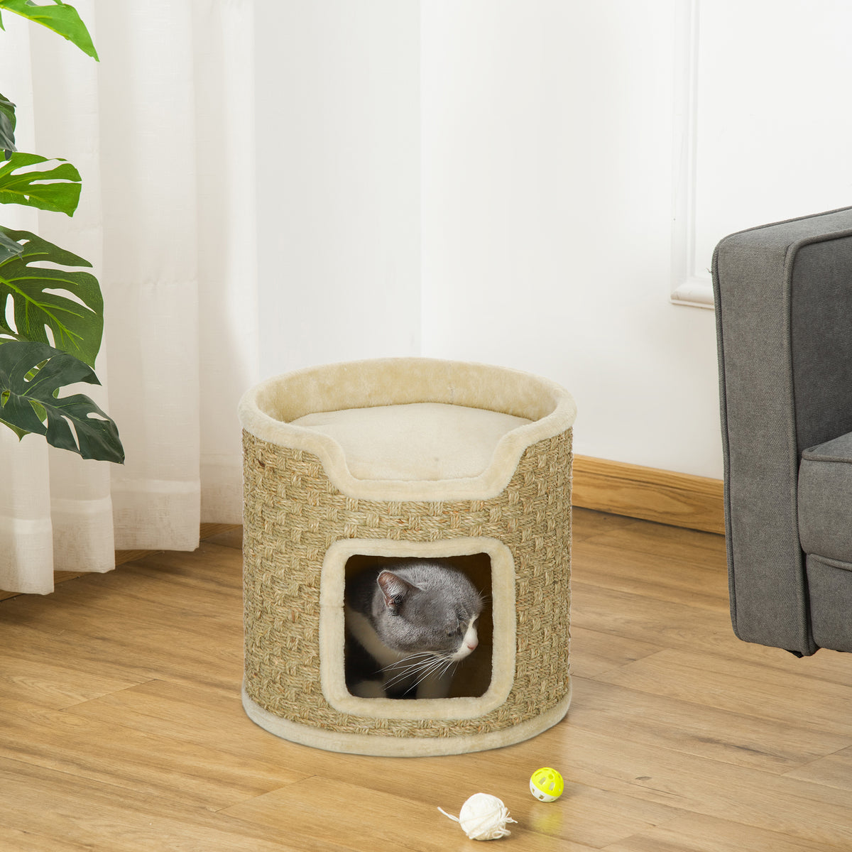 PawHut 37cm High, 2-Tier Cat Tree with Nest and Sisal Rope, Up to 5kg, Khaki