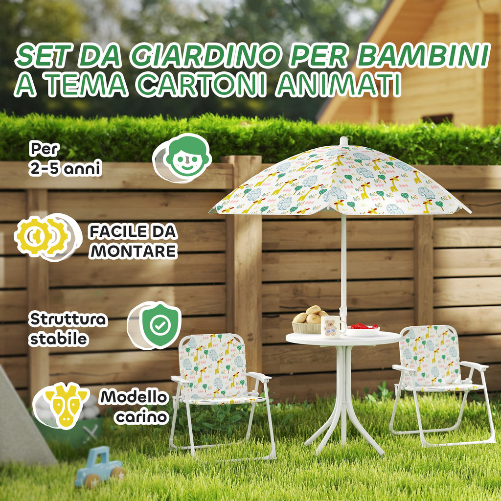 Garden Set for Children 2-5 Years with Round Table, 2 Folding Chairs and a Parasol, White