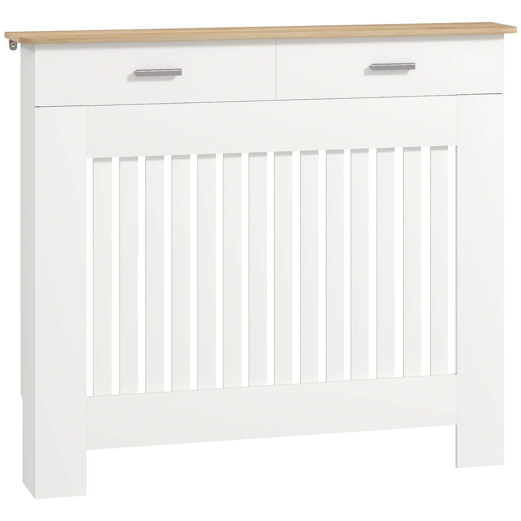 Anti-tipping slatted radiator cover with storage drawer, in wood, 112x19x97 cm, White