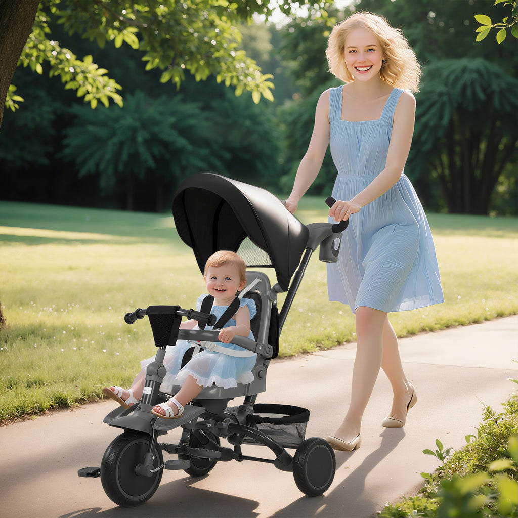 6-in-1 Children's Tricycle with Push Handle and Swivel Seat, 111.5x52x98 cm, Black