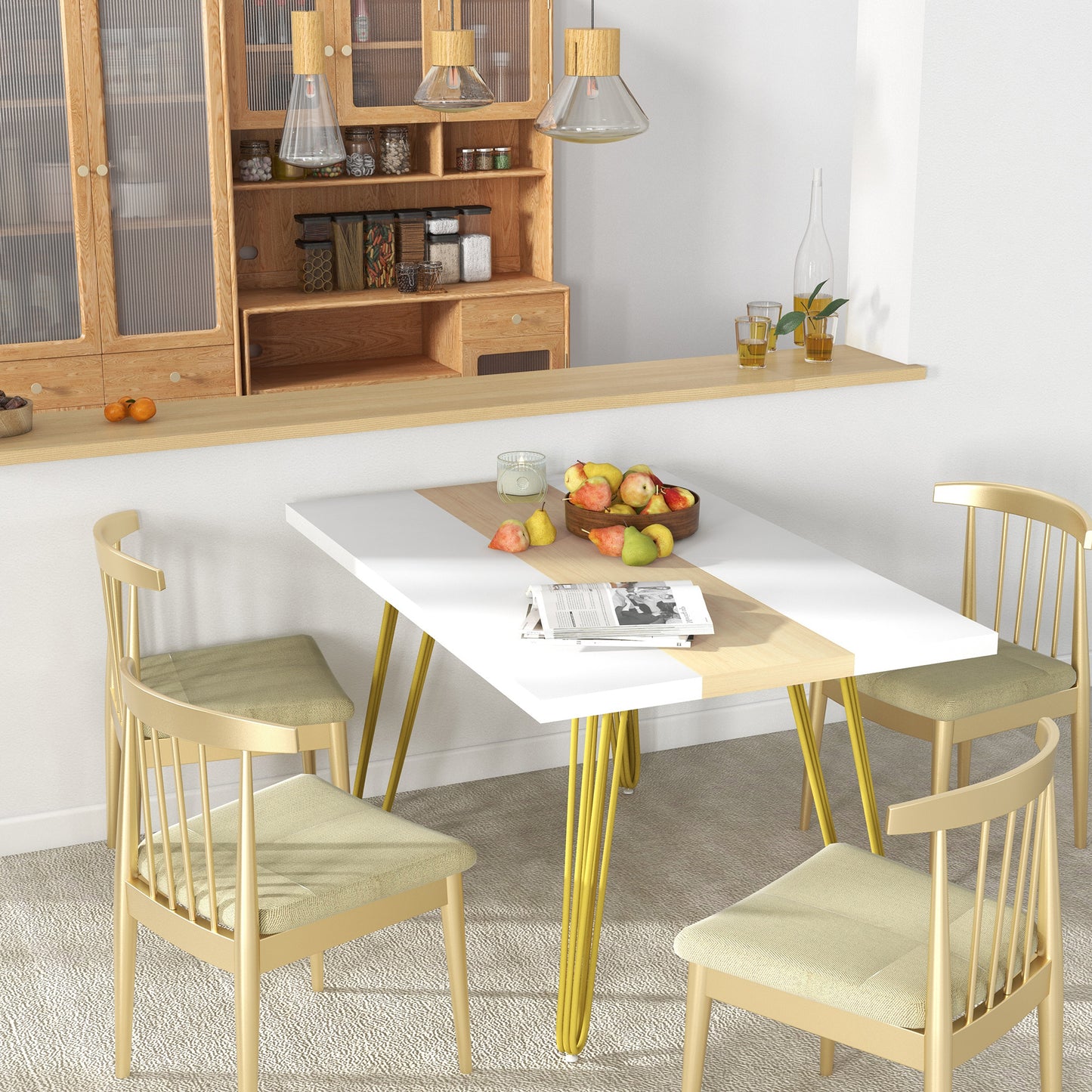 HOMCOM Kitchen and Living Room Table for 6 People Max with Hairpin Legs, in MDF and Steel, 140x89x75.5 cm