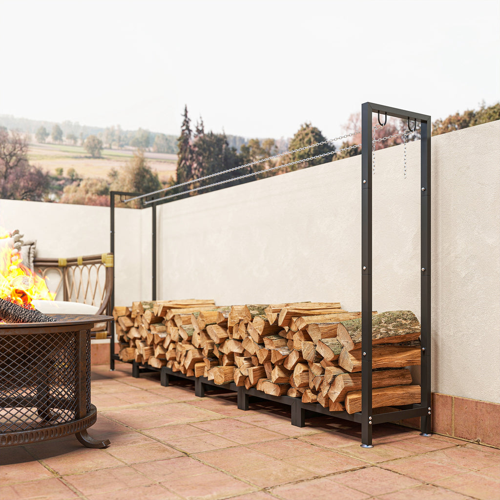 Outdoor Metal Firewood Shed with Waterproof Cover, 0.8m³ Capacity, Adjustable Frame, 235x31x116cm, Black