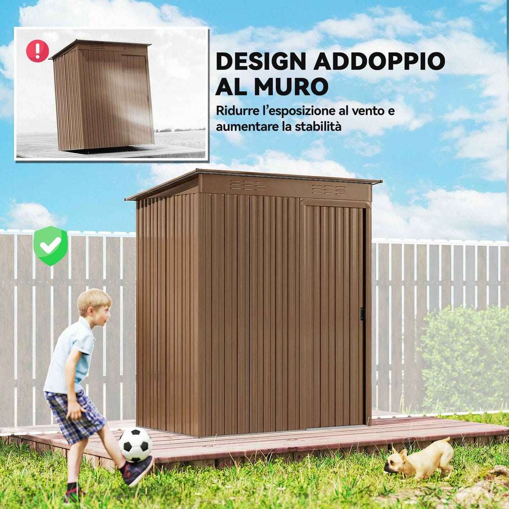 Outsunny Metal Garden Shed with Vents and Sliding Door, 159x106x181 cm, Brown